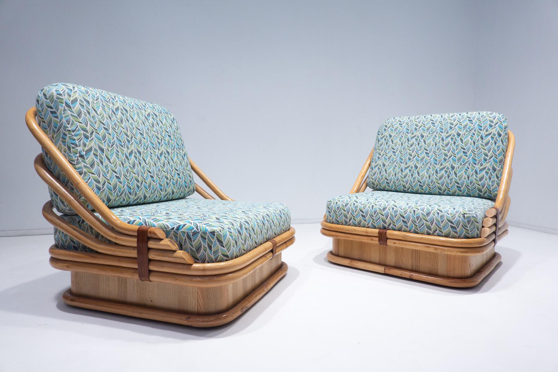 Italian Mid-Century Modern Pair of Rattan Armchairs, New Upholstery For Sale