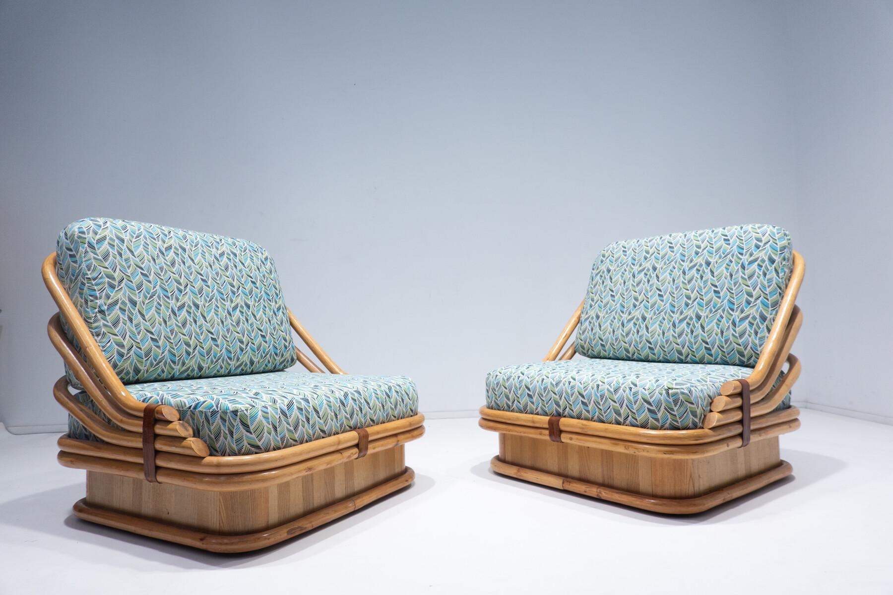 Mid-Century Modern Pair of Rattan Armchairs, New Upholstery In Good Condition For Sale In Brussels, BE