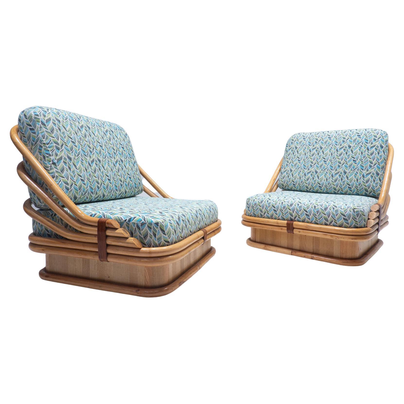 Mid-Century Modern Pair of Rattan Armchairs, New Upholstery For Sale