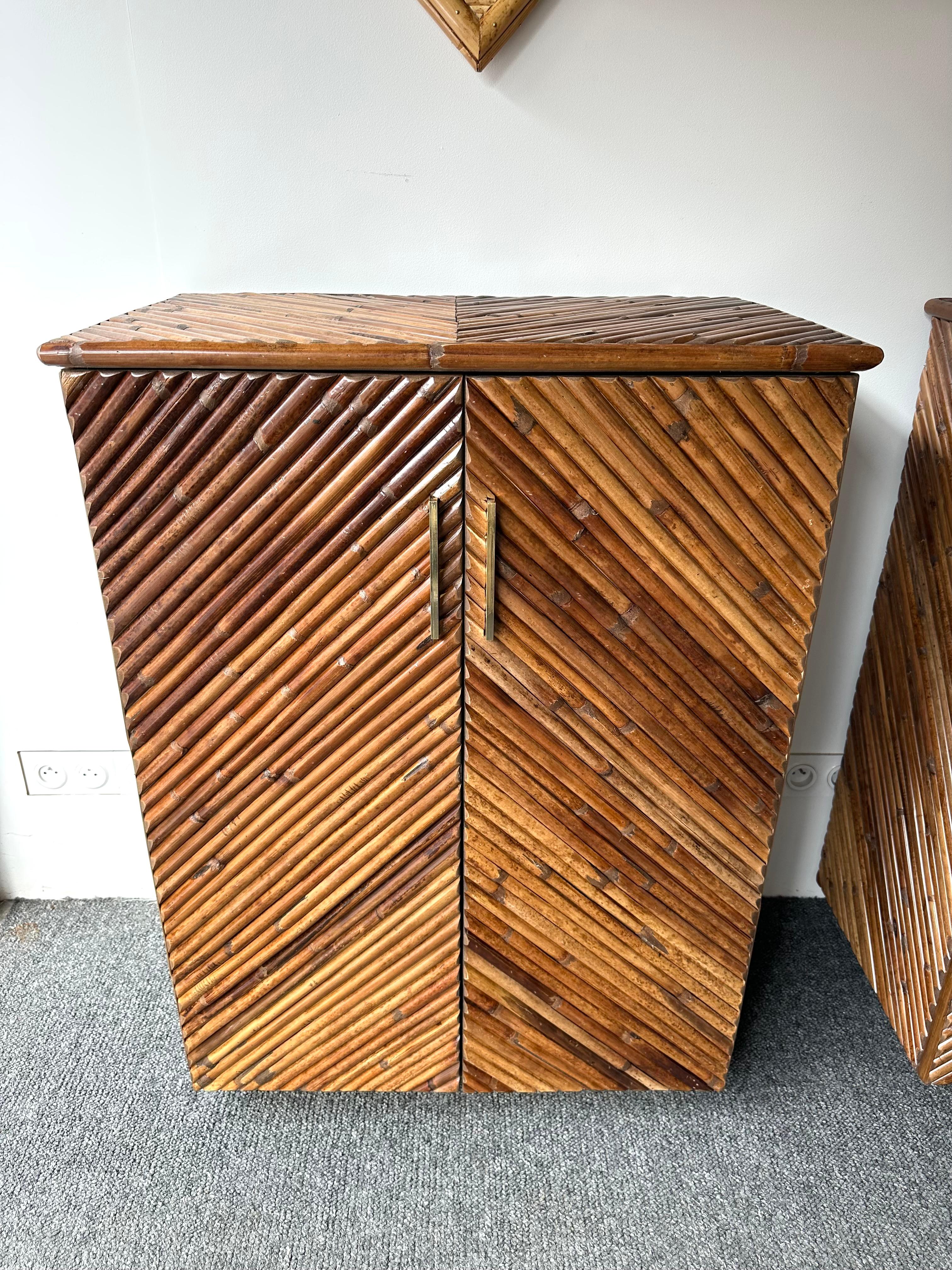 Mid-Century Modern Pair of wood and marquetry of large rattan malacca bamboo section, brass base and handles buffets cabinets cupboards dressers credenzas sideboard. In the mood of Gio Ponti, Le Corbusier, La Permanente Mobile Cantu, Gianfranco