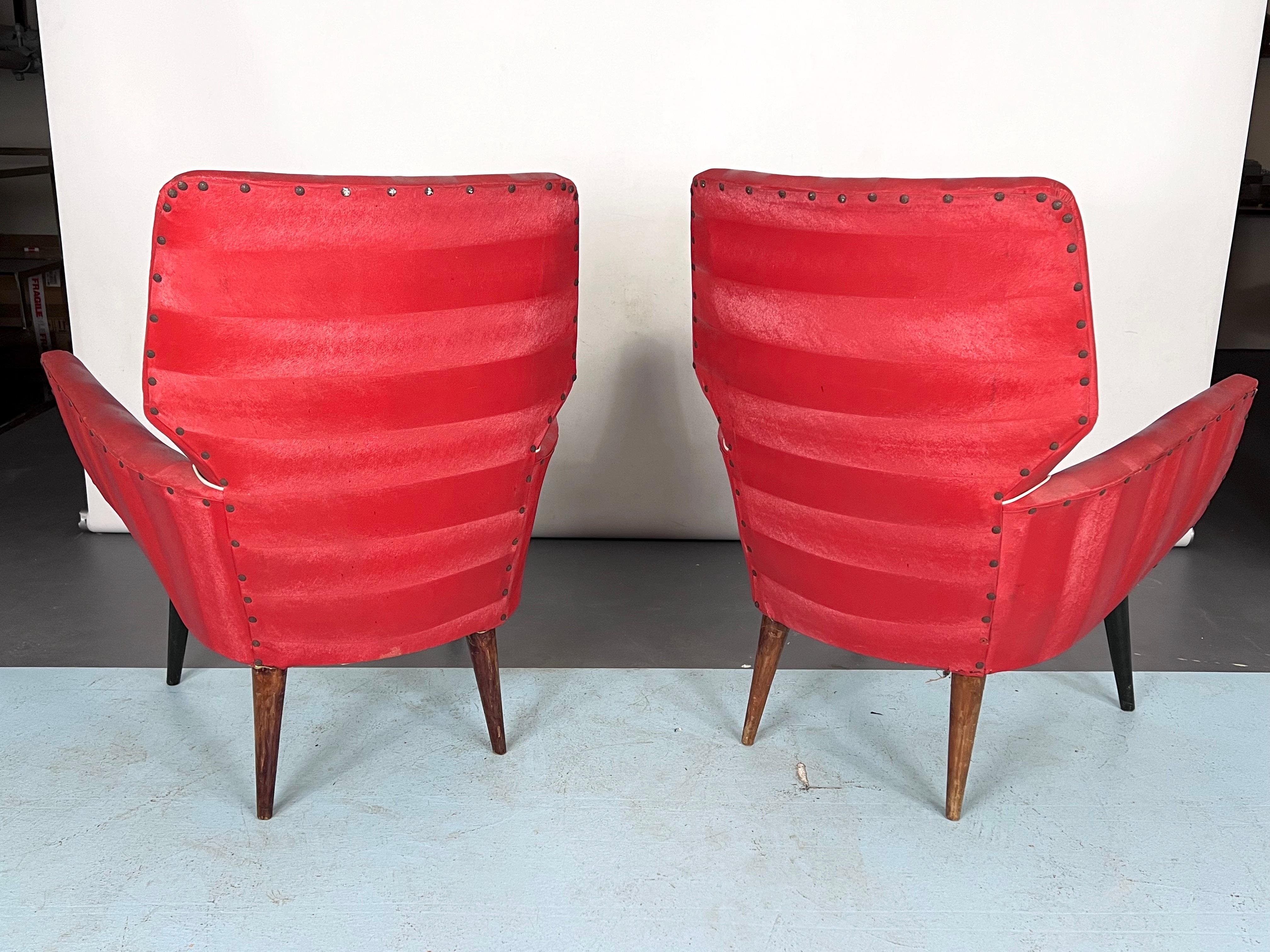 Wood Mid-Century Modern Pair of red armchairs. Italy 1950s For Sale