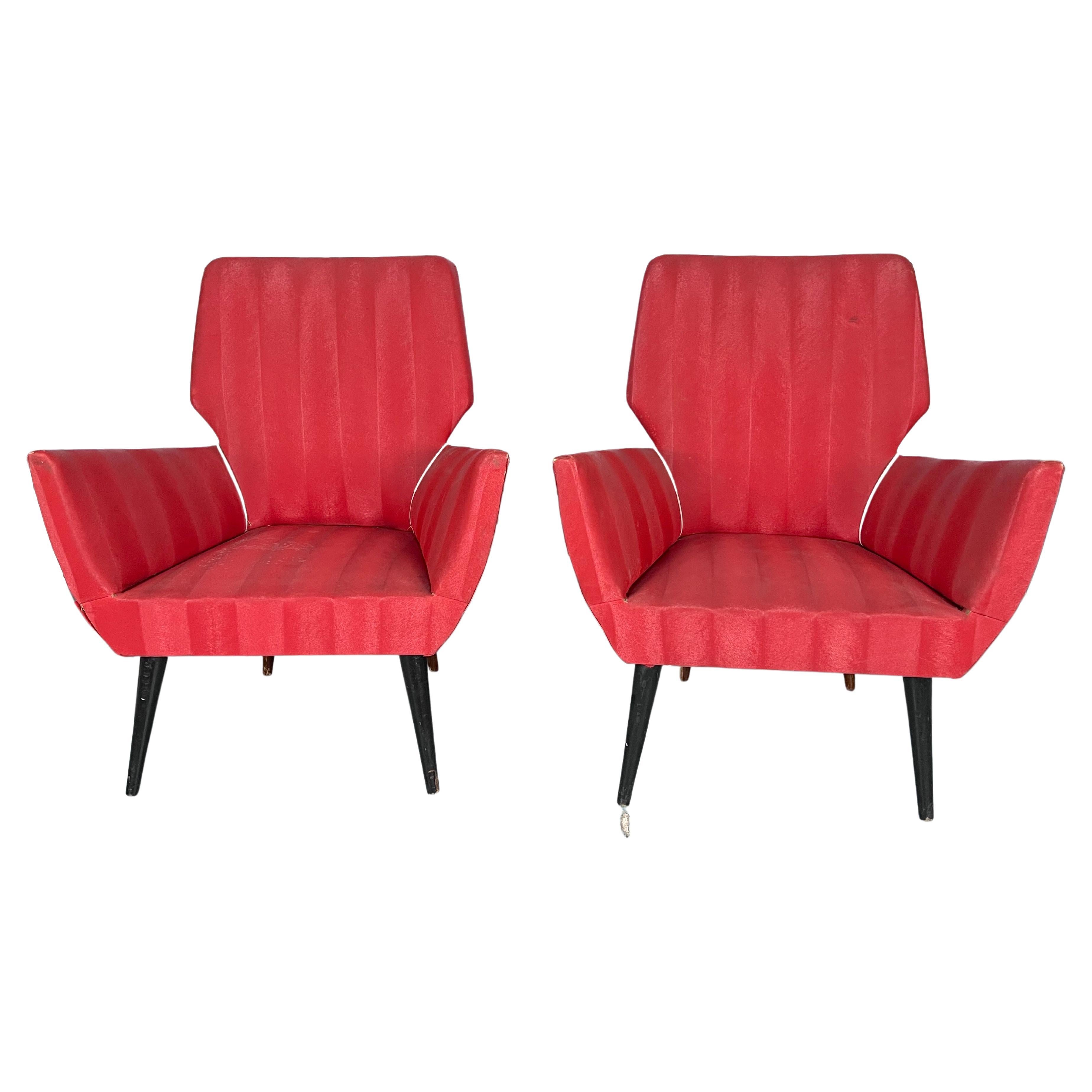 Mid-Century Modern Pair of red armchairs. Italy 1950s