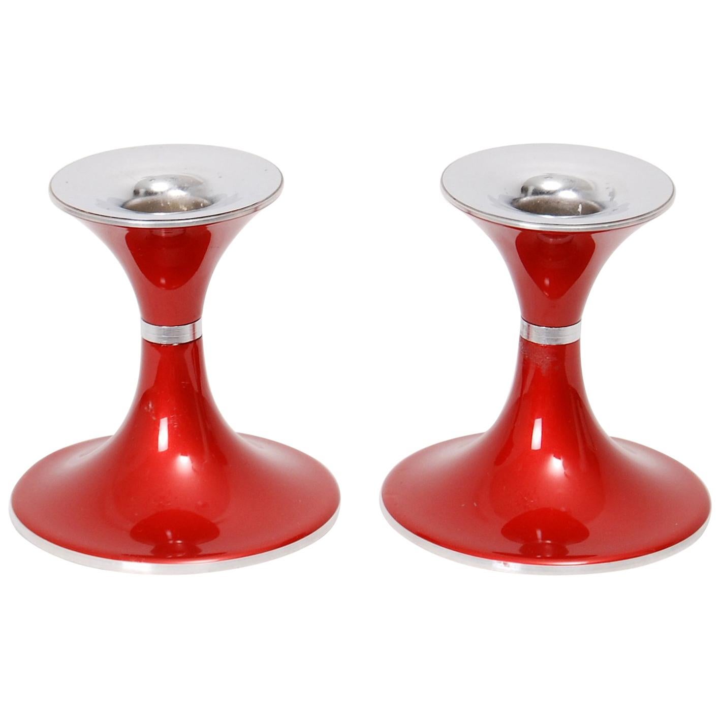 Coppia di candelabri in smalto rosso di Emalox Norway, 1960