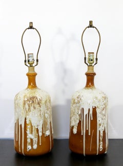 Mid-Century Modern Pair of Root Beer Float Drip Glaze Ceramic Table Lamps, 1960s