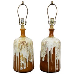 Mid-Century Modern Pair of Root Beer Float Drip Glaze Ceramic Table Lamps, 1960s