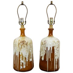 Vintage Mid-Century Modern Pair of Root Beer Float Drip Glaze Ceramic Table Lamps, 1960s