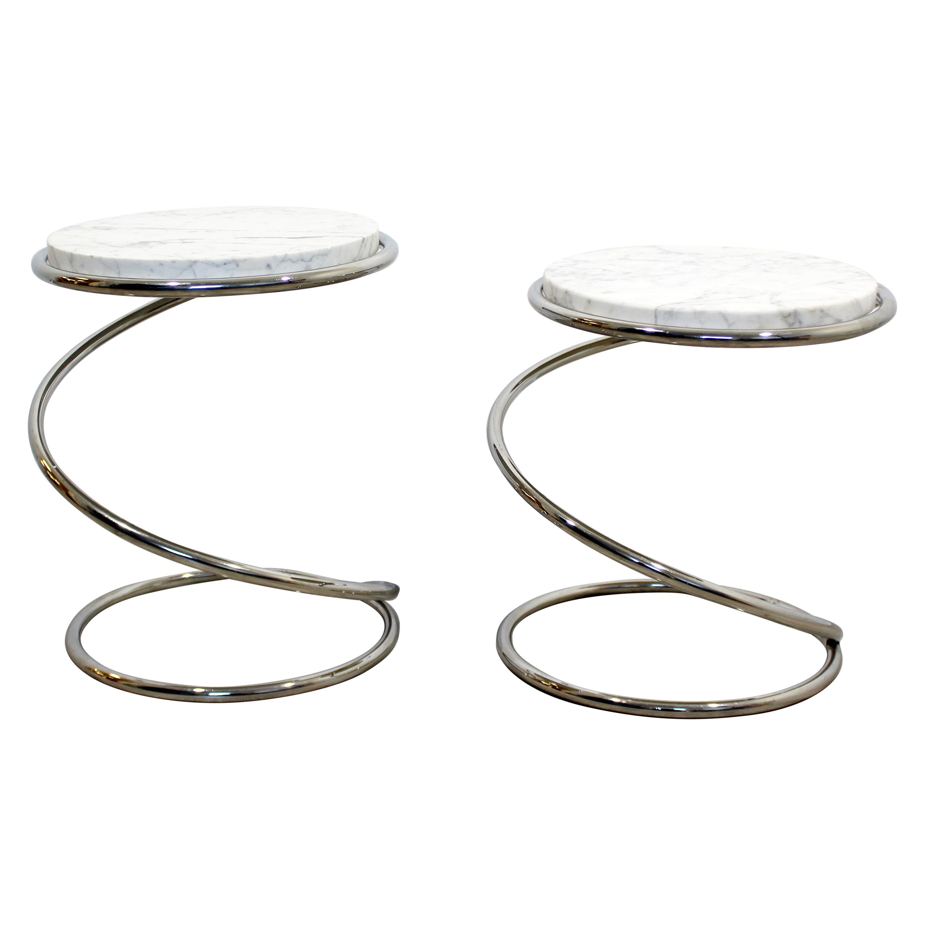 Mid-Century Modern Pair of Rosen Pace Side Tables Spring Chrome Marble, 1970s