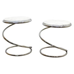 Mid-Century Modern Pair of Rosen Pace Side Tables Spring Chrome Marble, 1970s