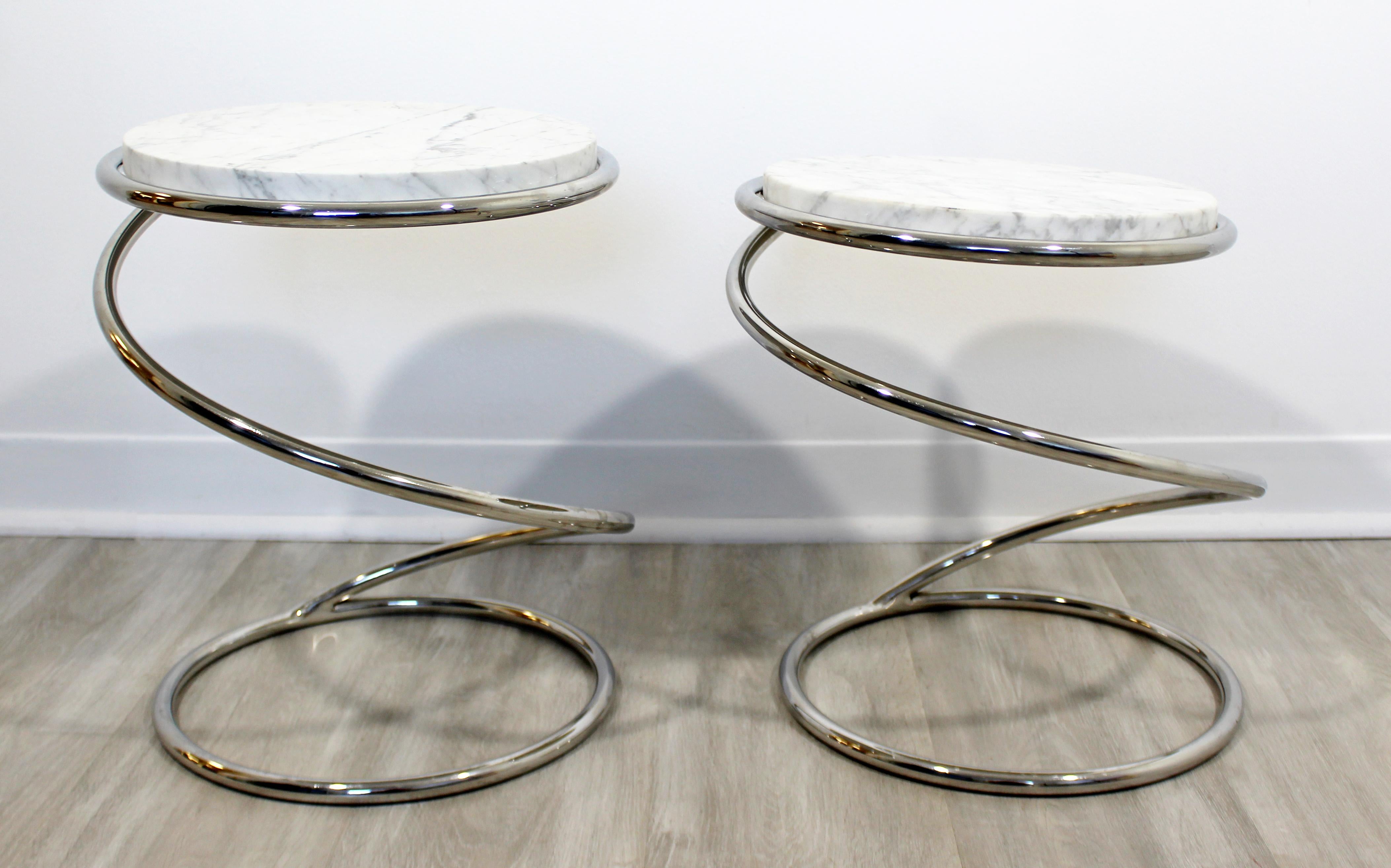 American Mid-Century Modern Pair of Rosen Pace Side Tables Spring Chrome Marble, 1970s