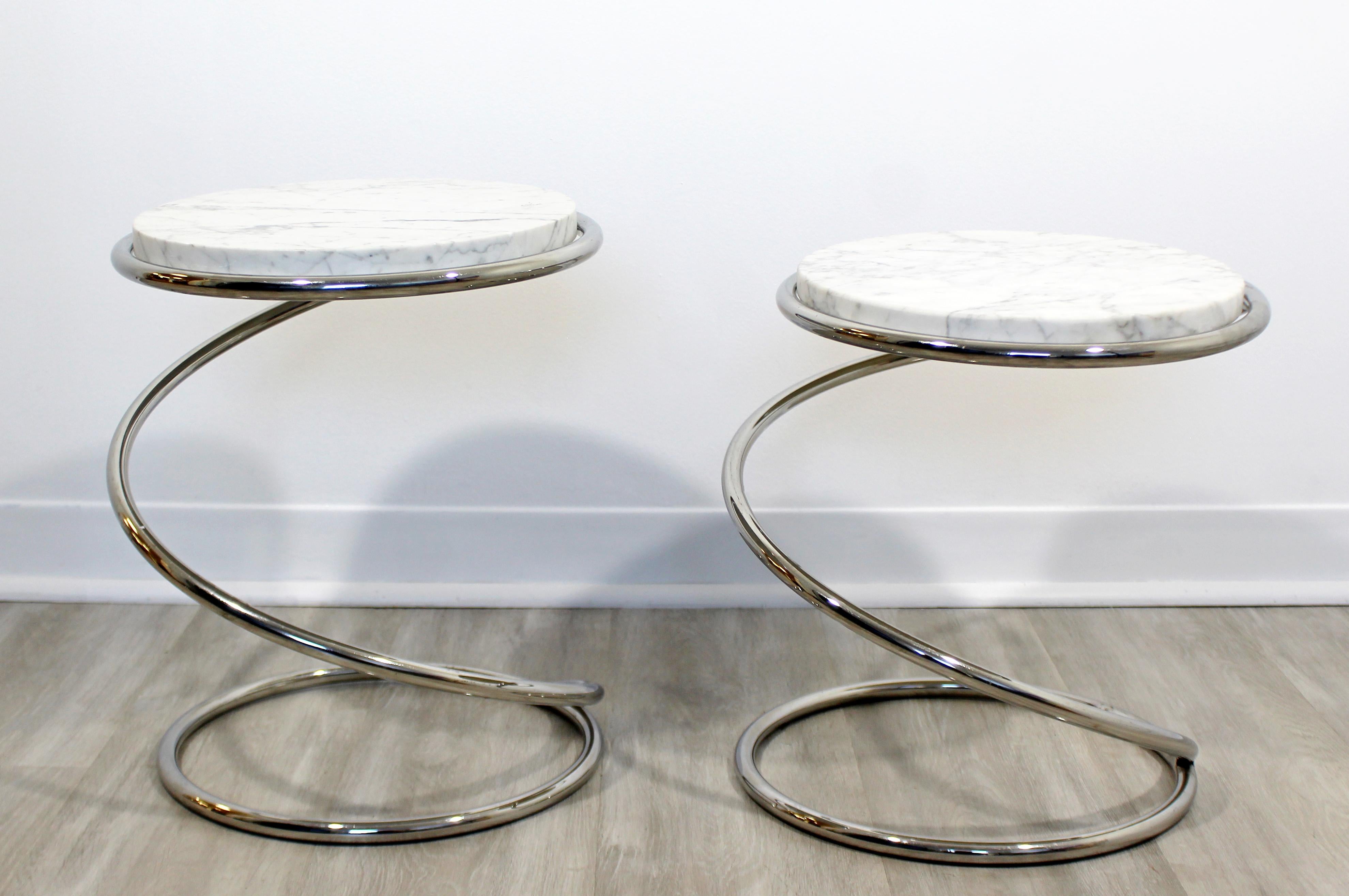 Mid-Century Modern Pair of Rosen Pace Side Tables Spring Chrome Marble, 1970s In Good Condition In Keego Harbor, MI