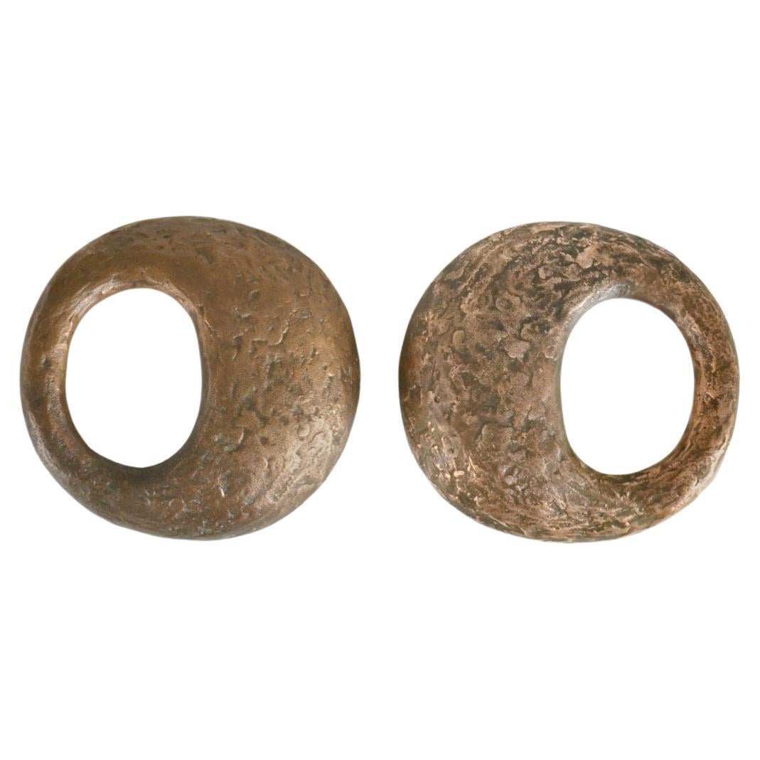 Mid Century Modern Pair of Round Bronze Relief Door Handles with Oval Grip