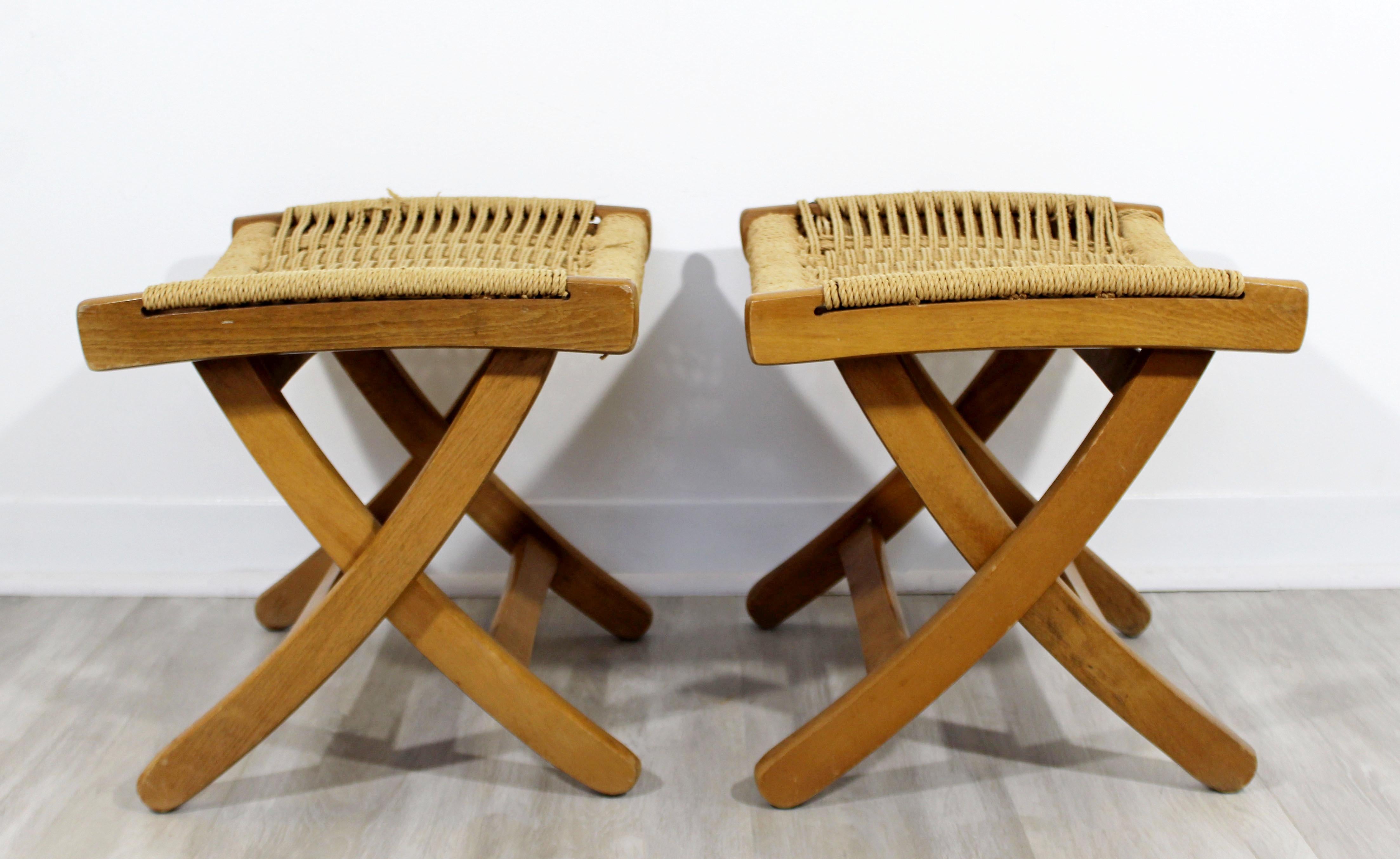 Mid-20th Century Mid-Century Modern Pair of Rush Corded Folding Ottoman Seats 1960s Yugoslavia