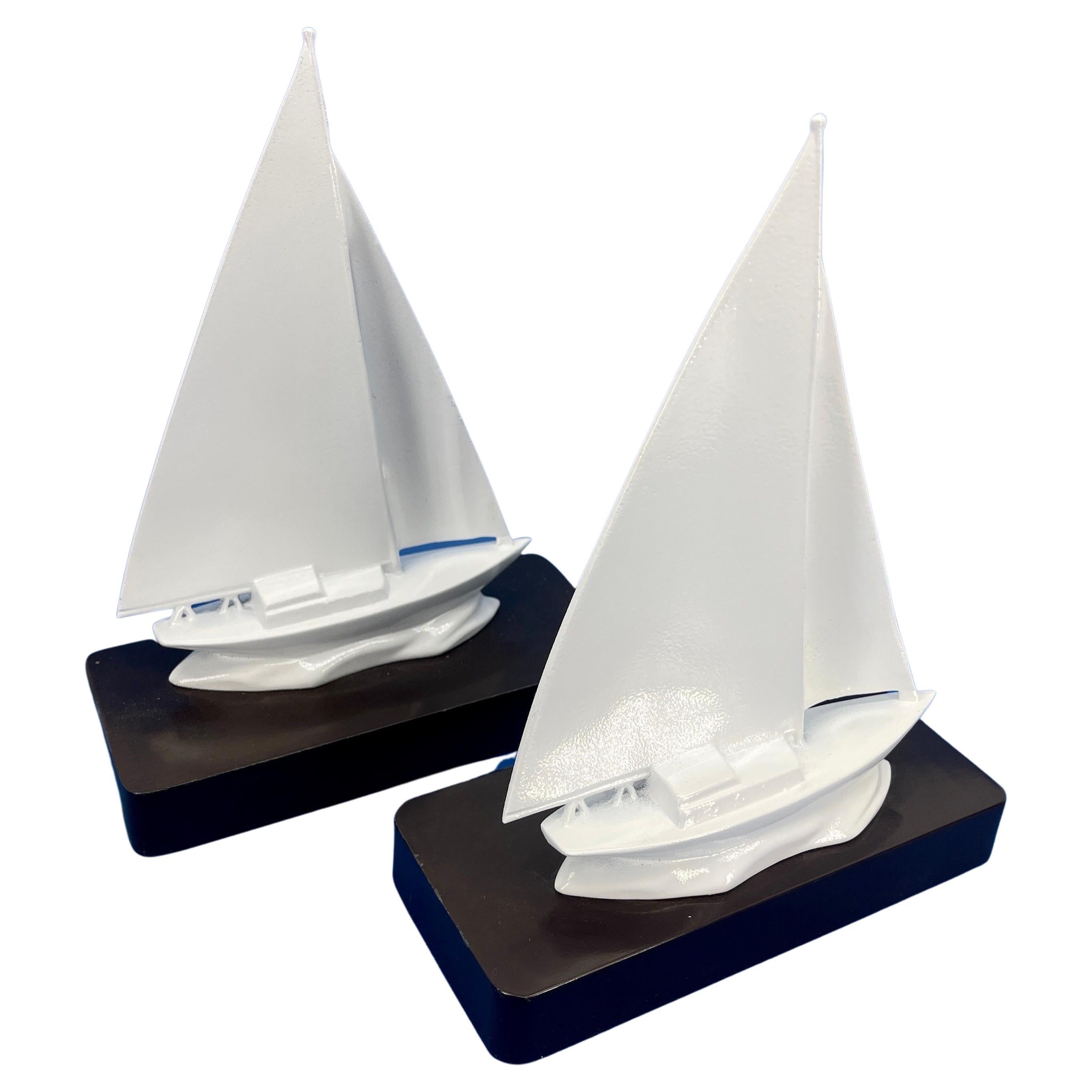 Mid-Century Modern Pair of Sailboat Bookends, Powder-Coated White