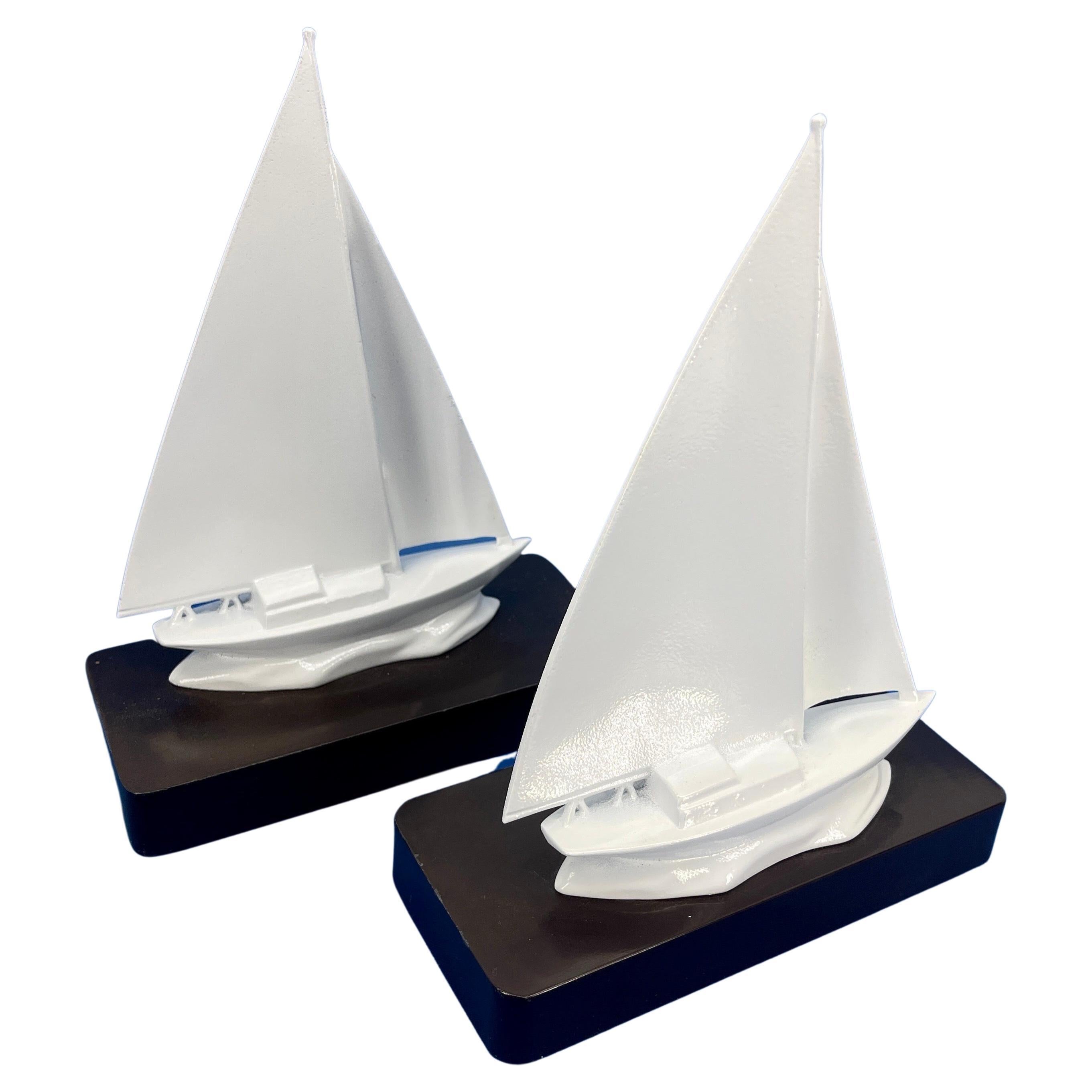 Mid-Century Modern Pair of Sailboat Bookends, Powder-Coated White  For Sale