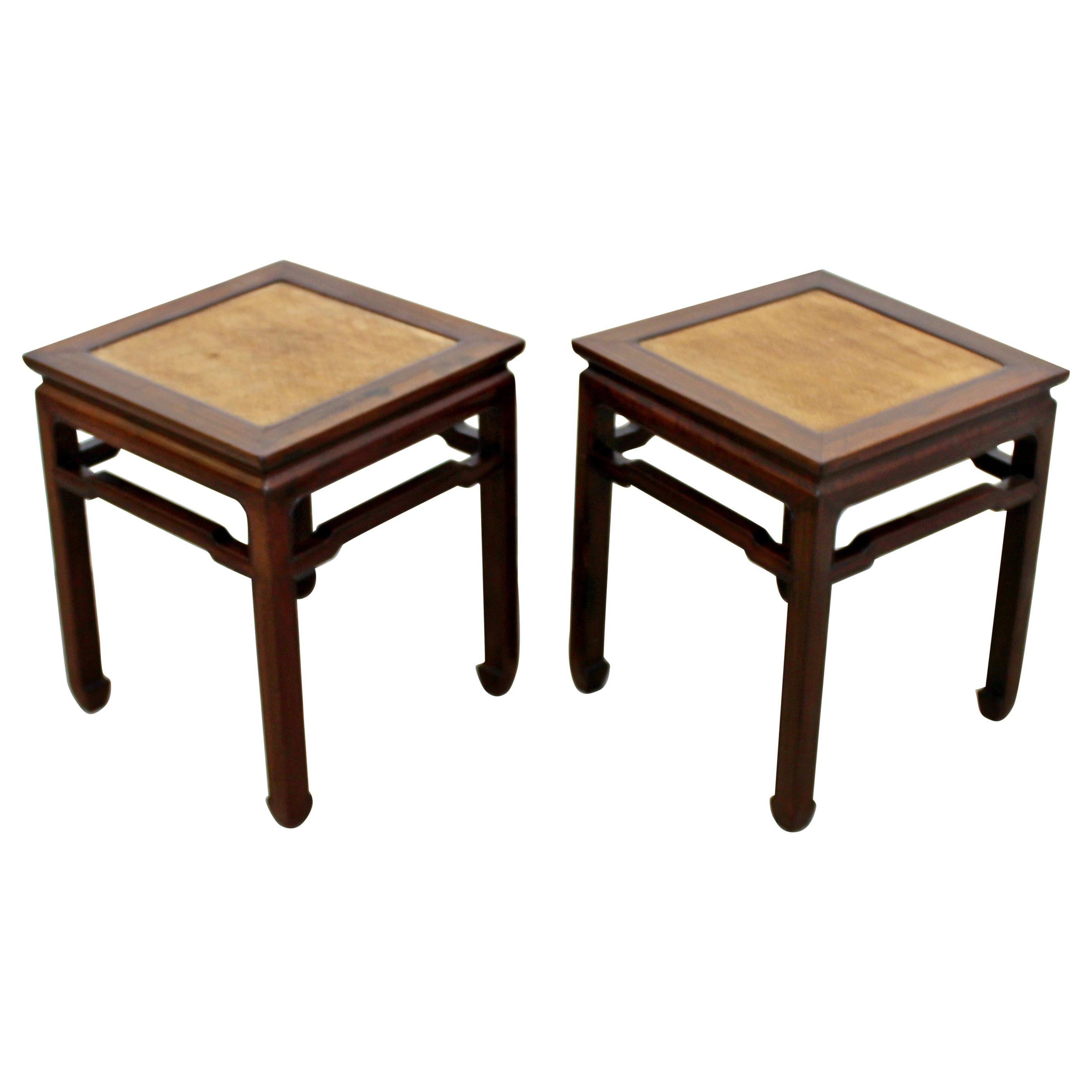 Mid-Century Modern Pair of Sculptural Oriental Wood and Cane Side End Tables