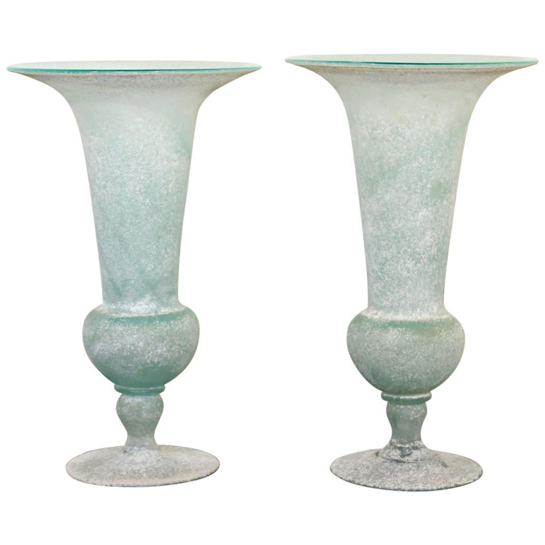 Mid-Century Modern Pair of Seguso Vetri D'Arte Glass Vases Vessels Italy Signed For Sale
