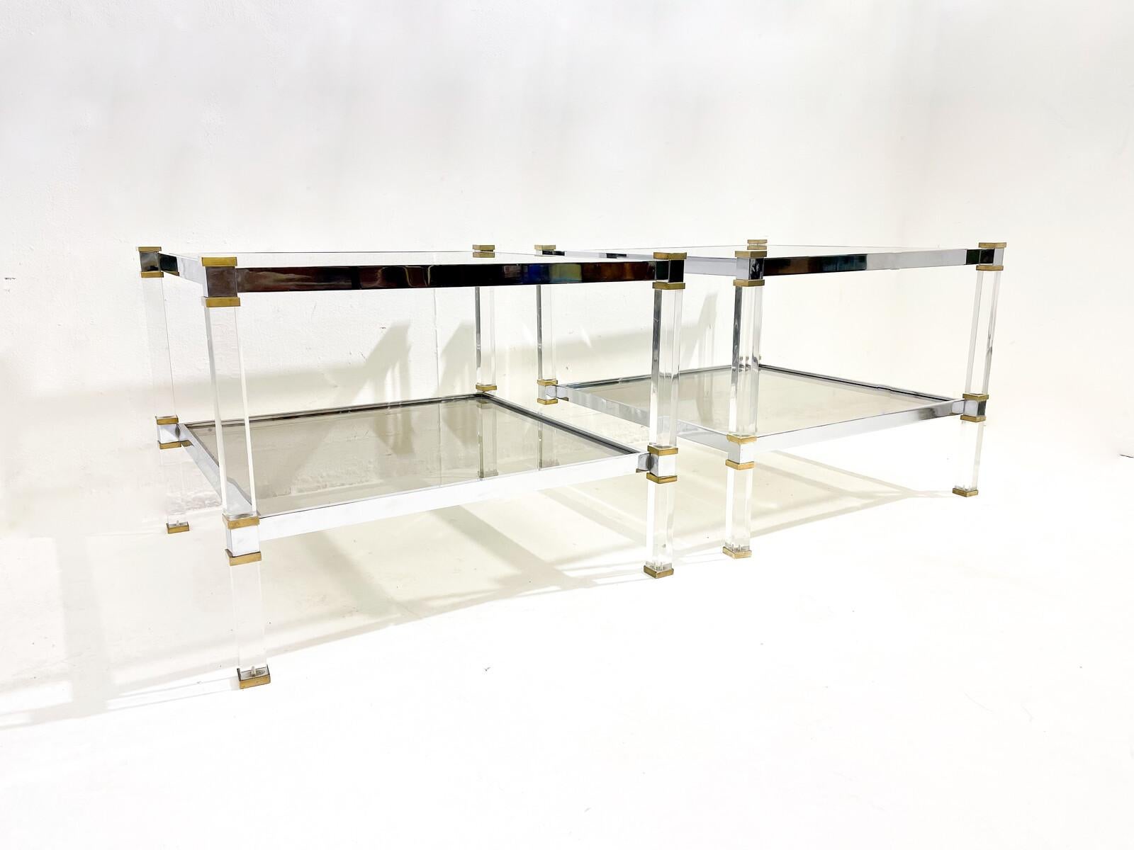Late 20th Century Mid-Century Modern Pair of Side Table, Chrome Brass and Glass, 1970s