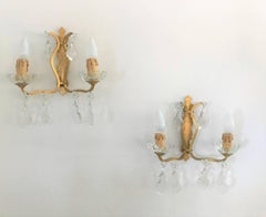 Mid-Century Modern Pair of signed Bronze and Crystal Sconces by Baccarat, France