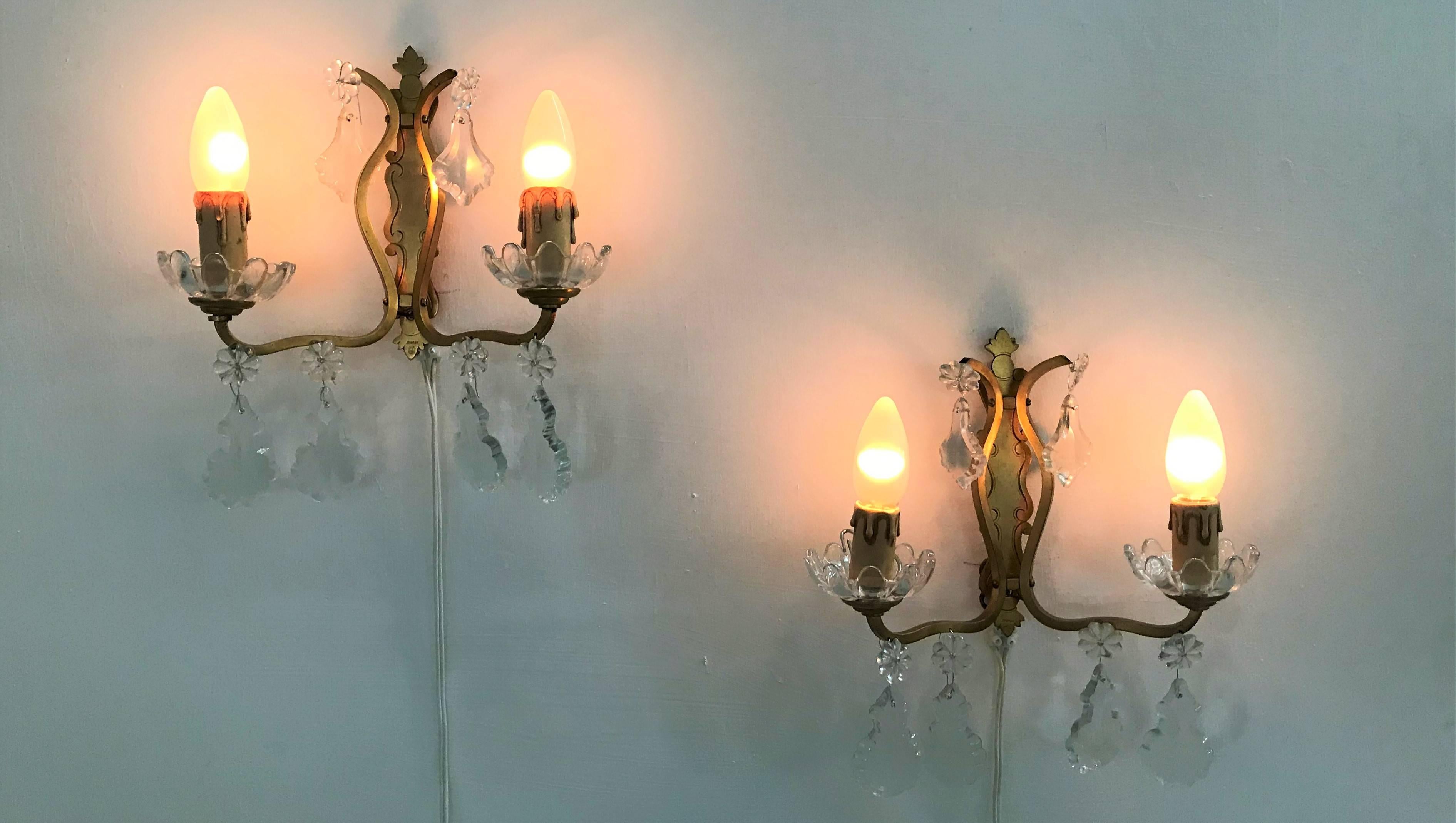 Mid-20th Century Mid-Century Modern Pair of signed Bronze and Crystal Sconces by Baccarat, France For Sale