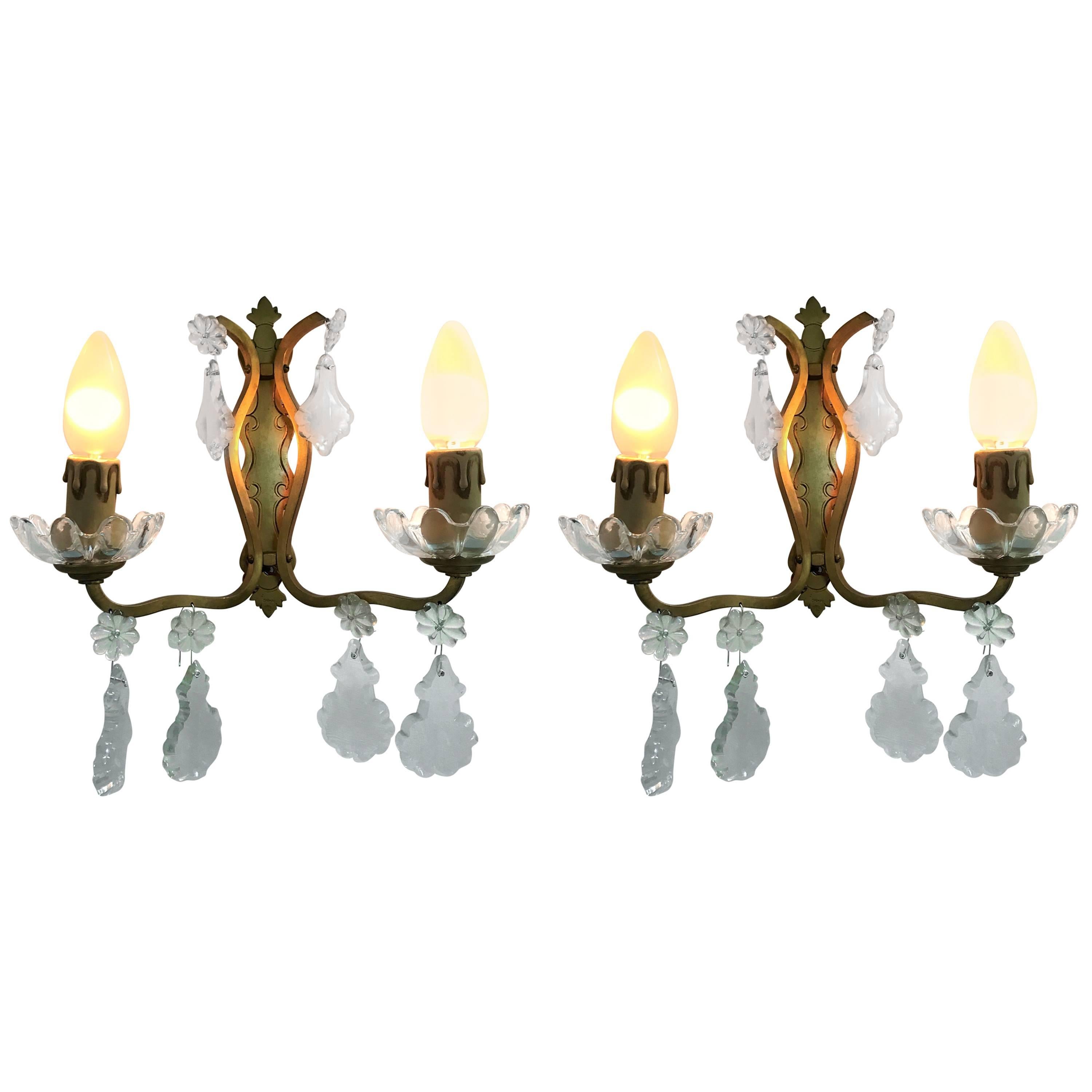 Mid-Century Modern Pair of signed Bronze and Crystal Sconces by Baccarat, France