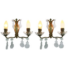 Mid-Century Modern Pair of signed Bronze and Crystal Sconces by Baccarat, France