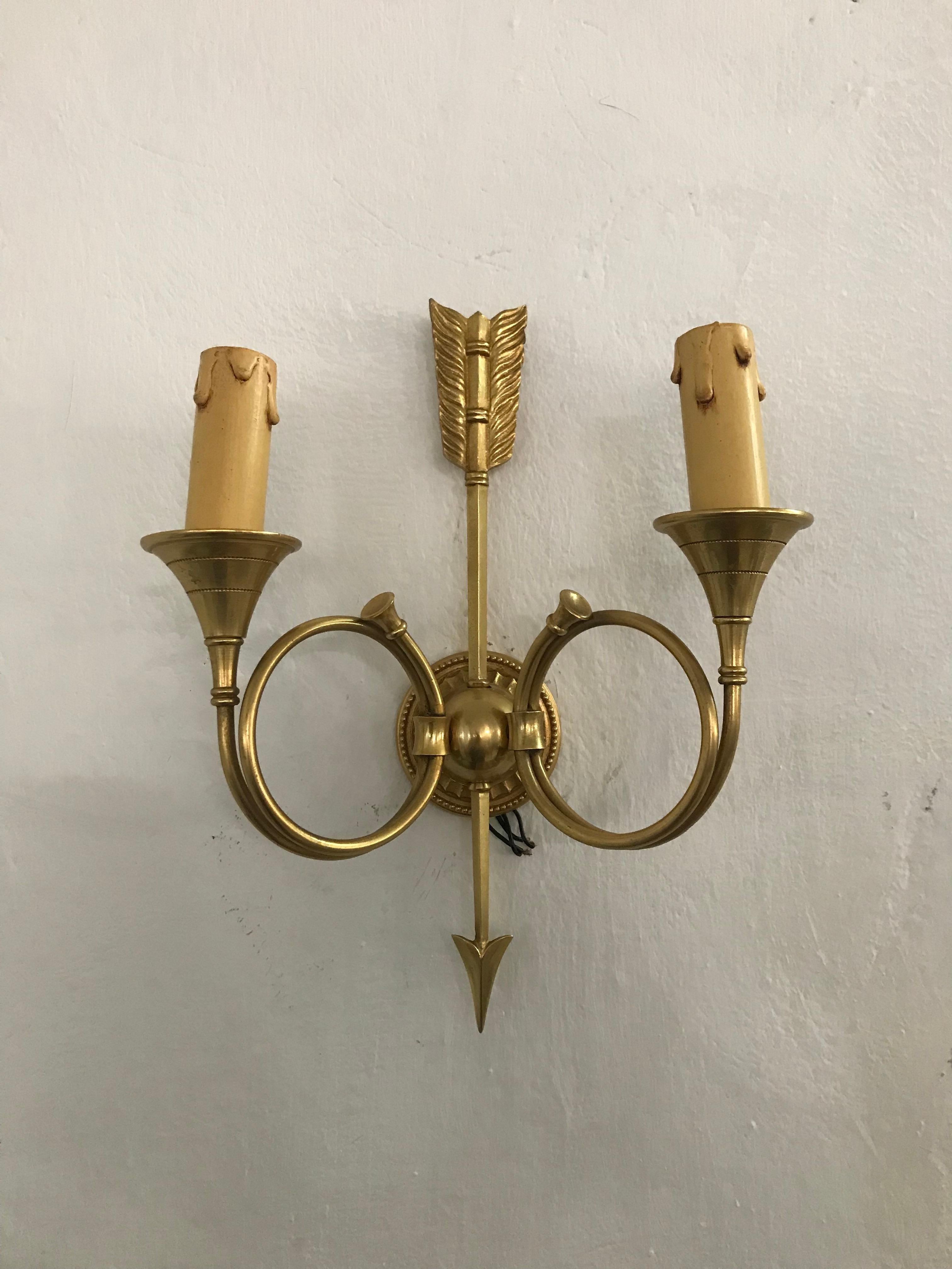 French Mid-Century Modern Pair of Signed Bronze Sconces by Petitot, France, circa 1940 For Sale