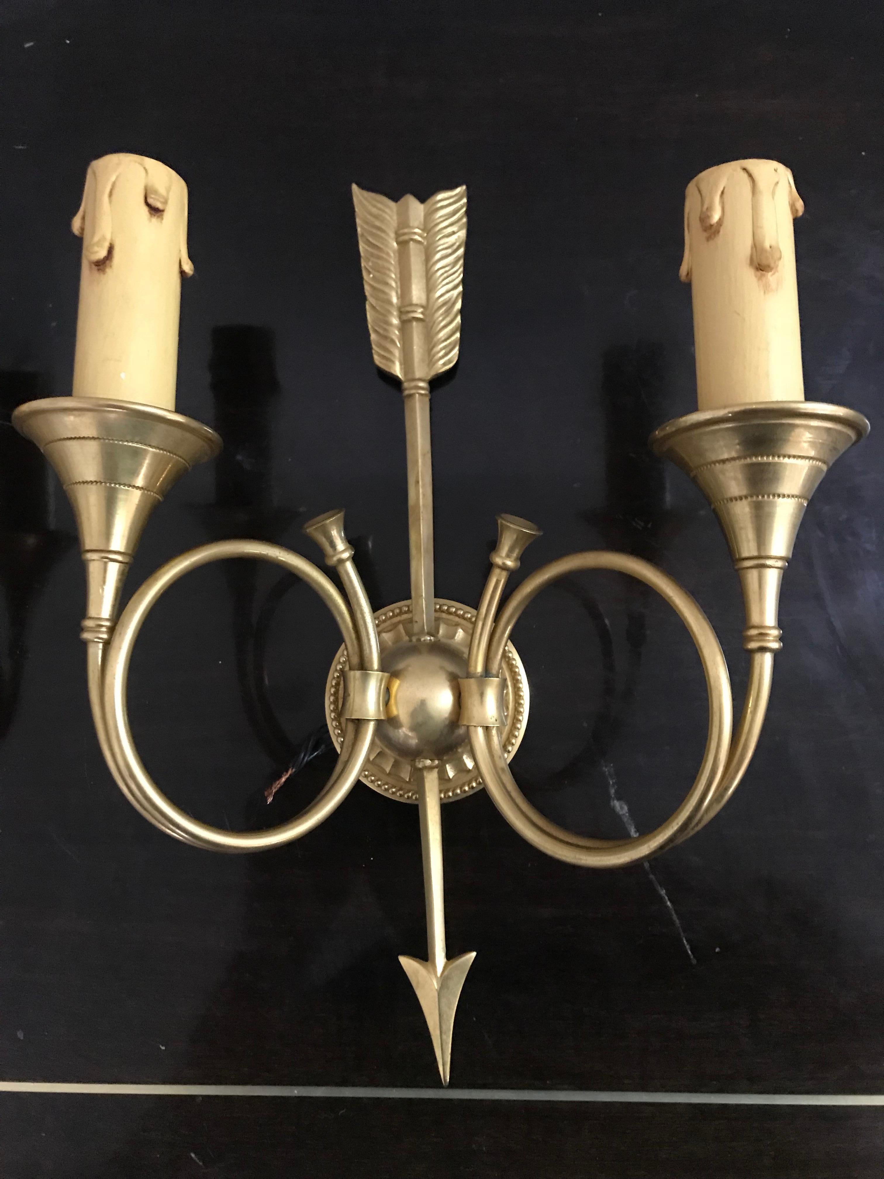 Mid-Century Modern Pair of Signed Bronze Sconces by Petitot, France, circa 1940 For Sale 2