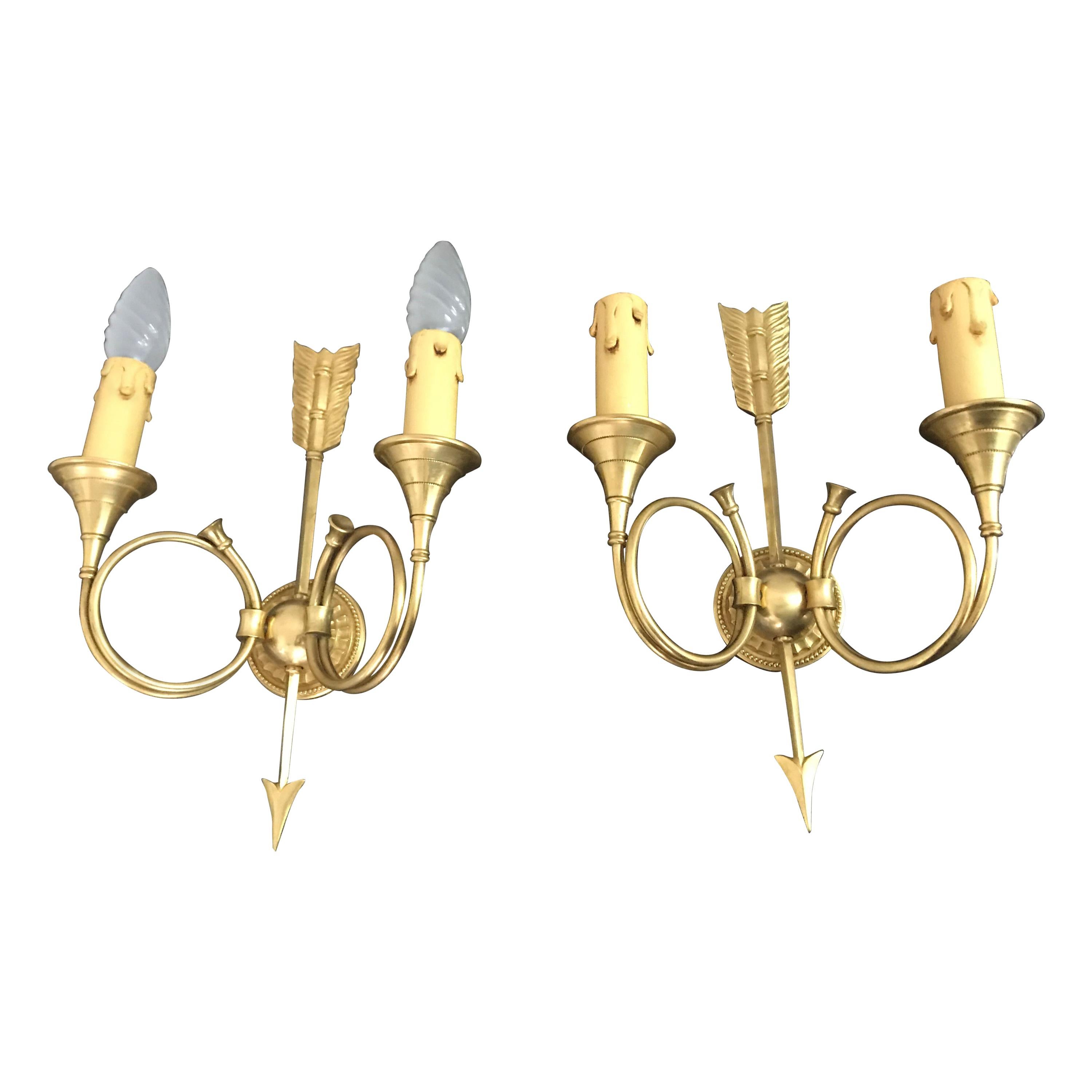 Mid-Century Modern Pair of Signed Bronze Sconces by Petitot, France, circa 1940 For Sale