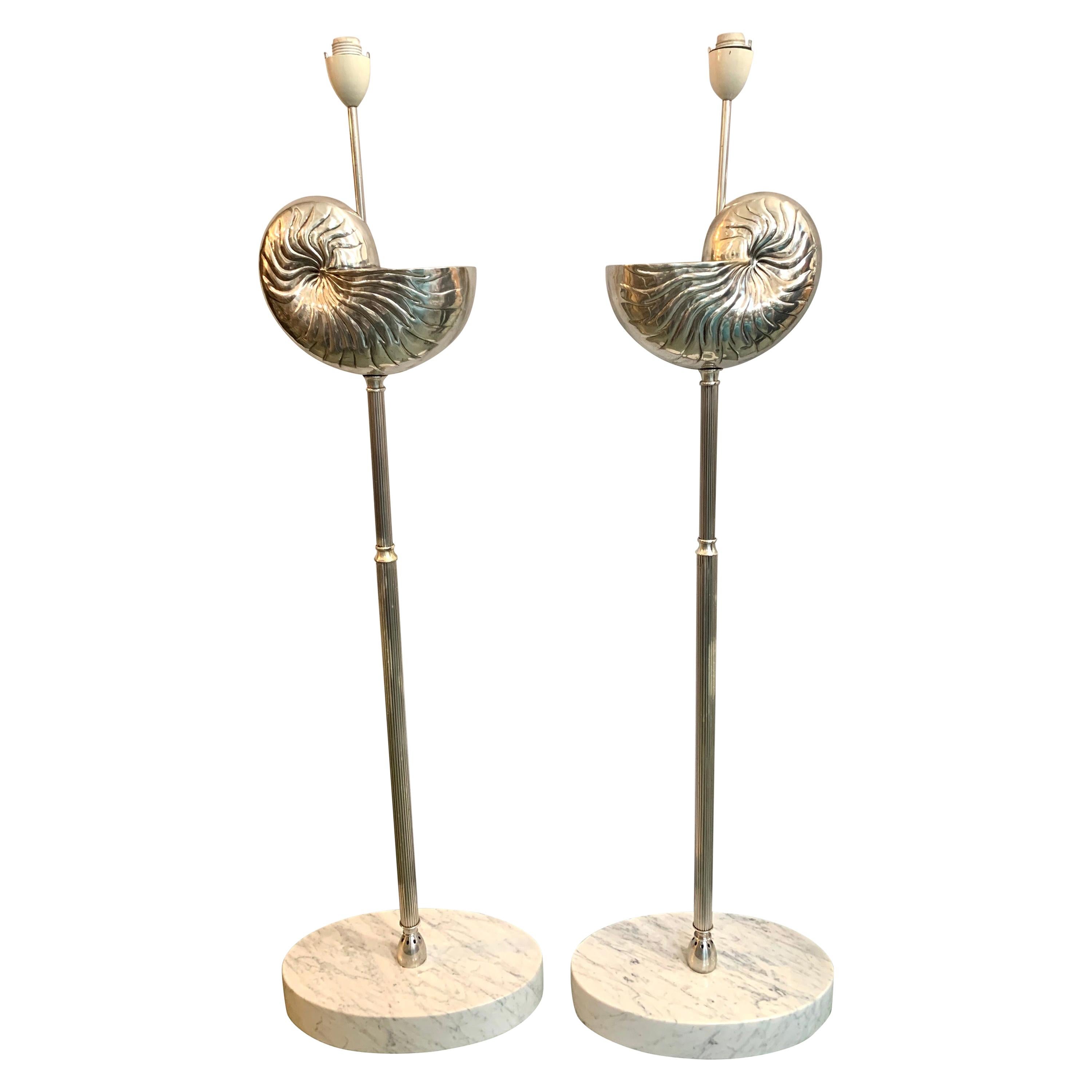 Mid-Century Modern Pair of Silver Shell Floor Lamps with Marble Bases