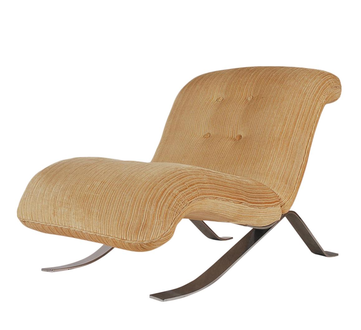 Fabric Mid-Century Modern Pair of Slipper Lounge Chairs with Barcelona Style Legs