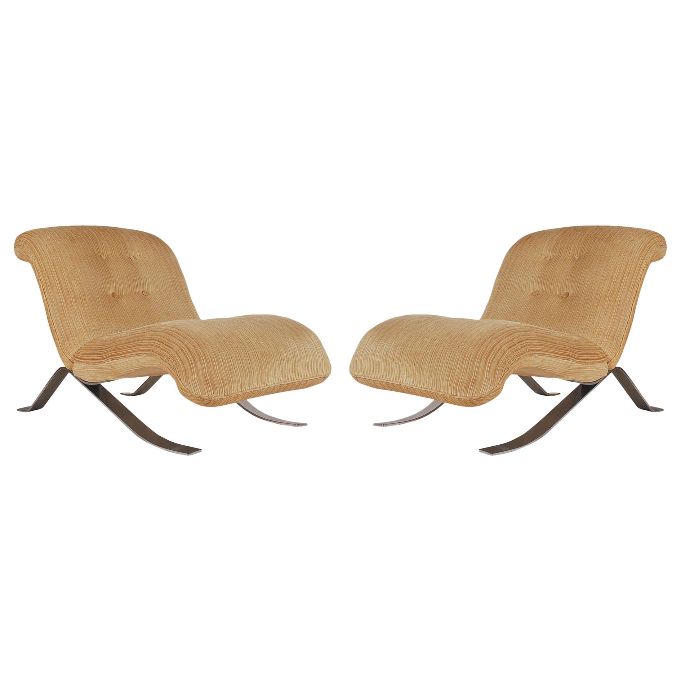 Mid-Century Modern Pair of Slipper Lounge Chairs with Barcelona Style Legs