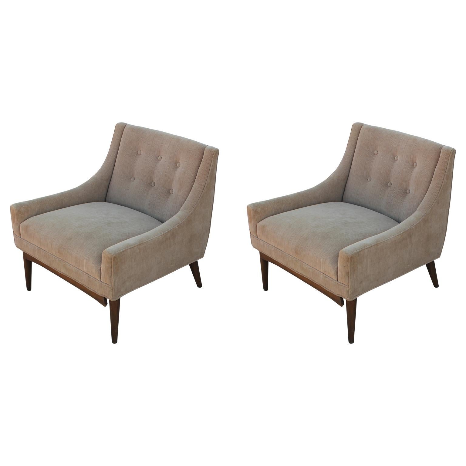 Mid-Century Modern Pair of Slipper Lounge Chairs with Walnut Base