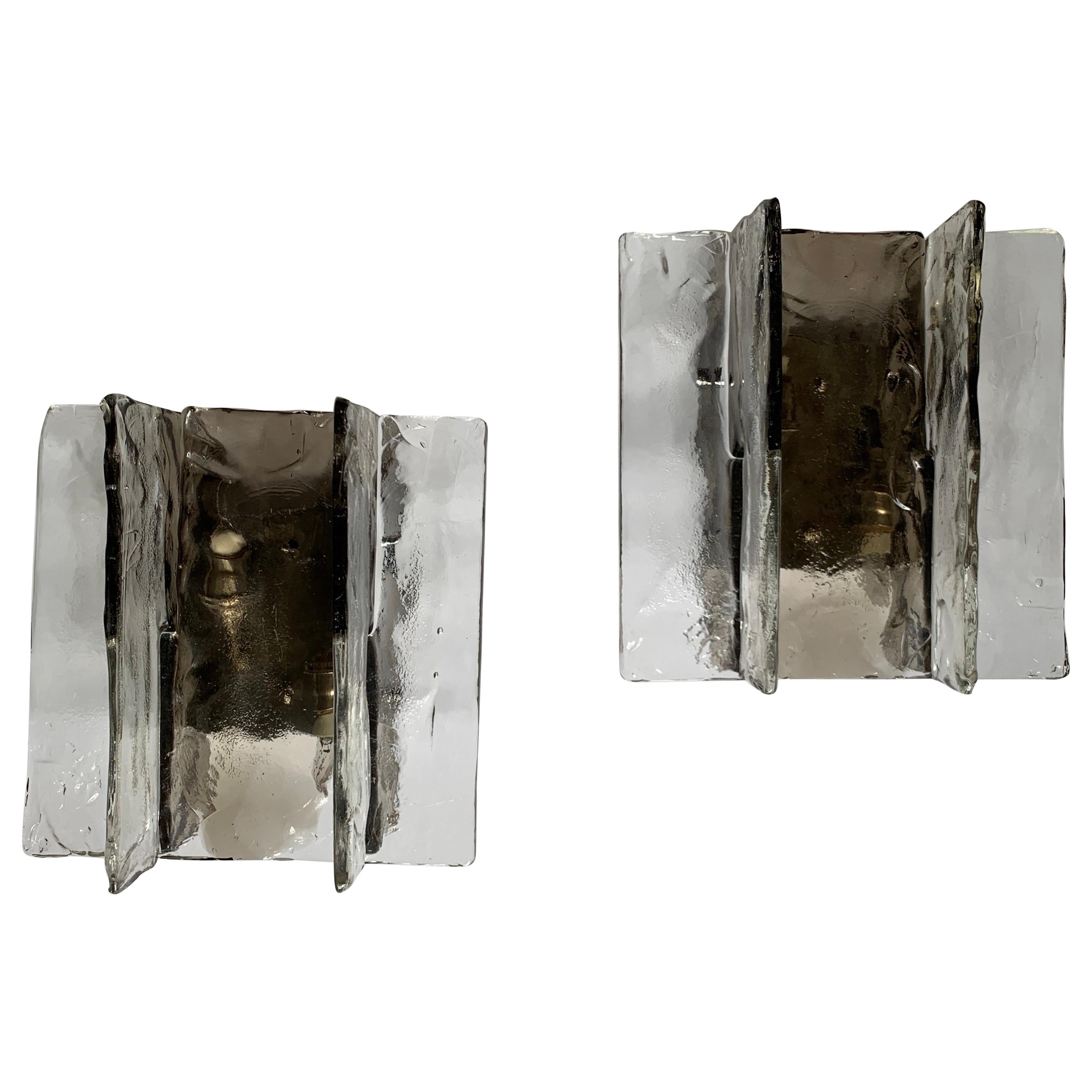 Mid-Century Modern Pair Smoke Clear Slotted Glass Nickel Murano Mazzega Sconces