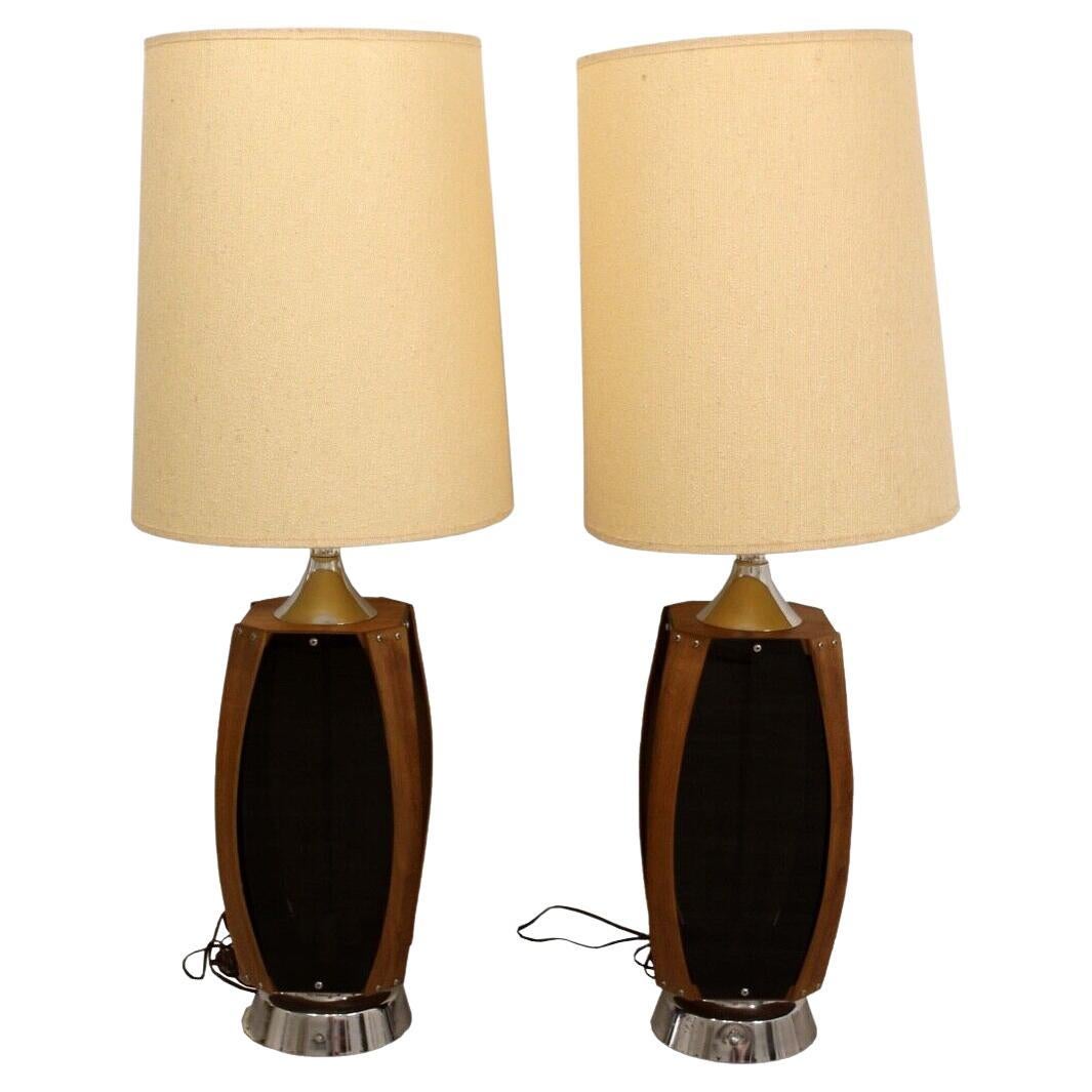 Mid-Century Modern Pair of Smoked Glass & Wood 1970s Lamps For Sale
