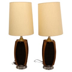 Mid-Century Modern Pair of Smoked Glass & Wood 1970s Lamps