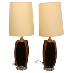 Retro Mid-Century Modern Pair of Smoked Glass & Wood 1970s Lamps