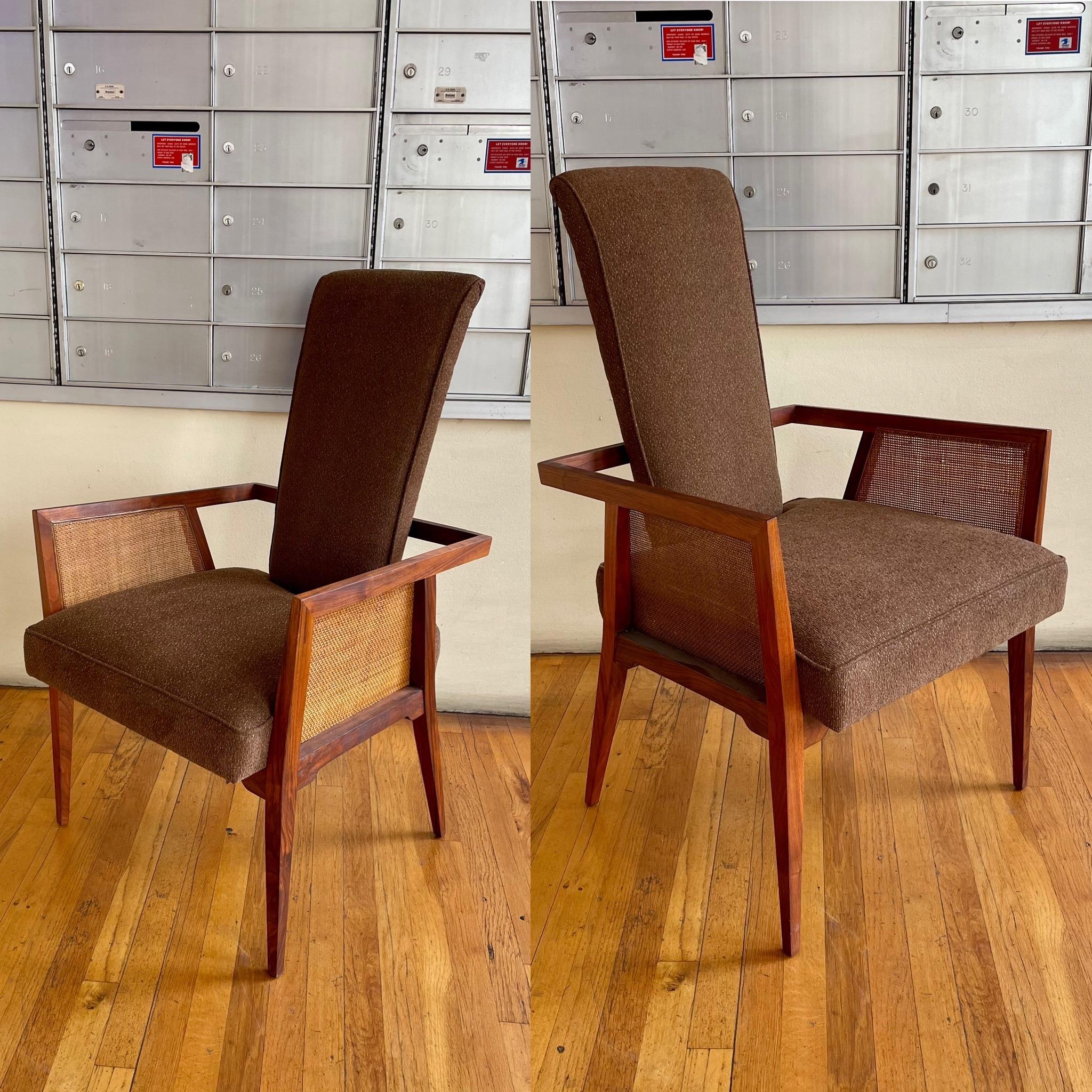 Beautiful pair of stylish American walnut & cane armchairs by Foster-McDavid, solid walnut with cane sides freshly recover solid and sturdy circa the 1970s, great condition solid and sturdy tall backs rare to find.
  