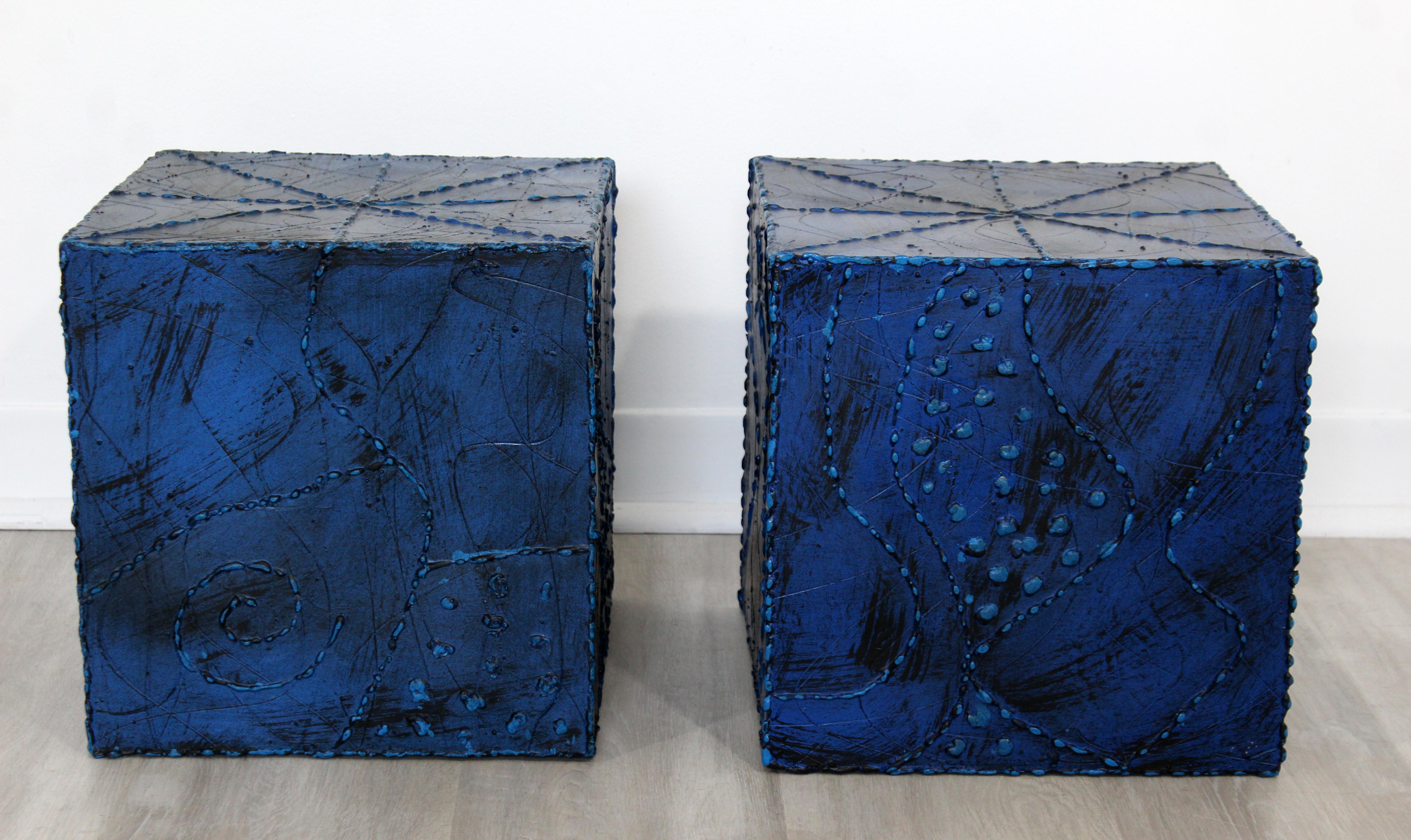 For your consideration is a fantastic pair of small blue side or end tables, in the Argente Paul Evans style. In excellent condition. The dimensions are 12.25