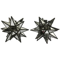 Mid-Century Modern Pair of Star-Shaped Candleholders with Embedded Mirrors