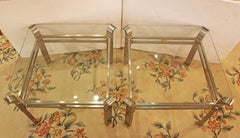 Mid Century Modern Pair of Steel, Brass & Glass Tables