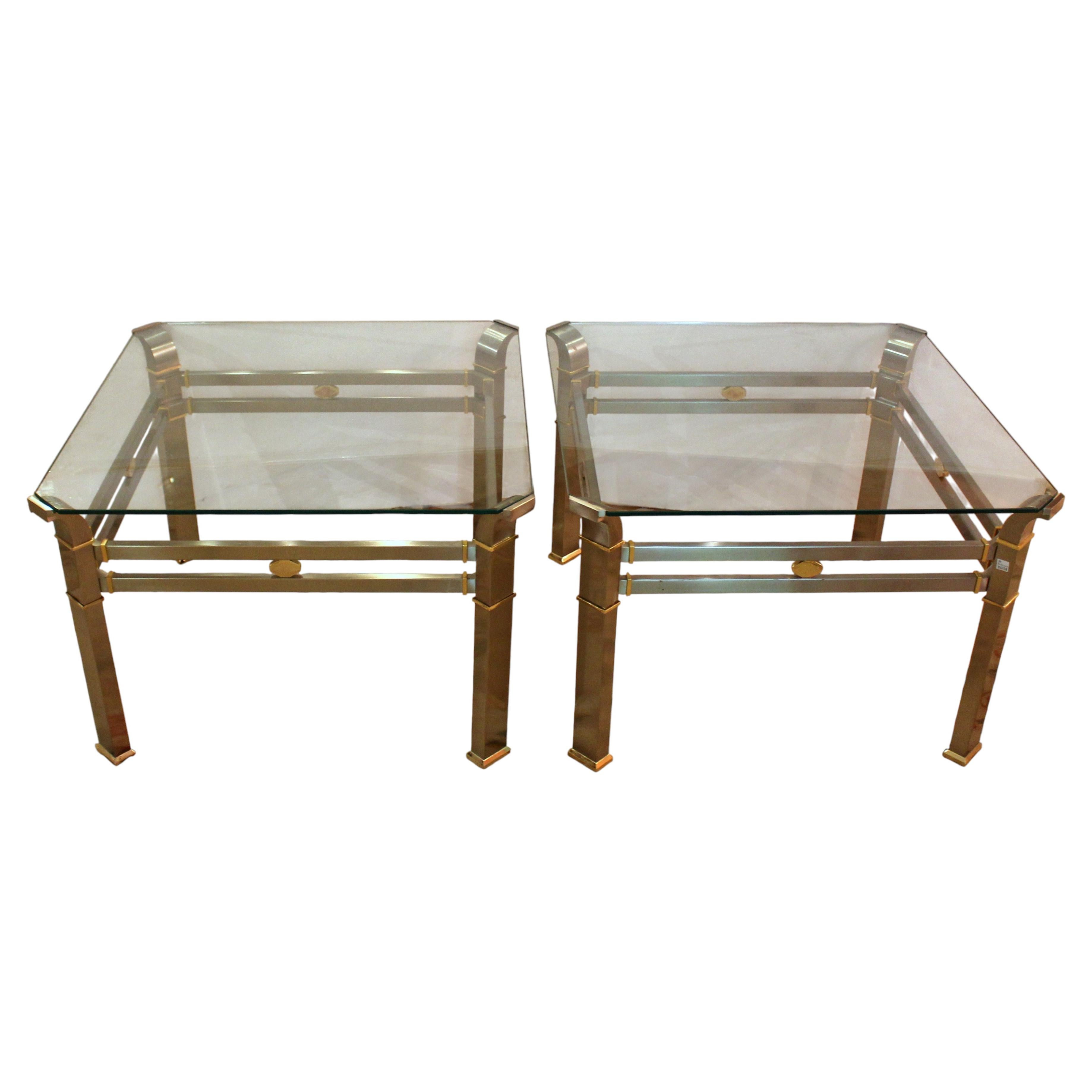 Mid Century Modern Pair of Steel, Brass & Glass Tables