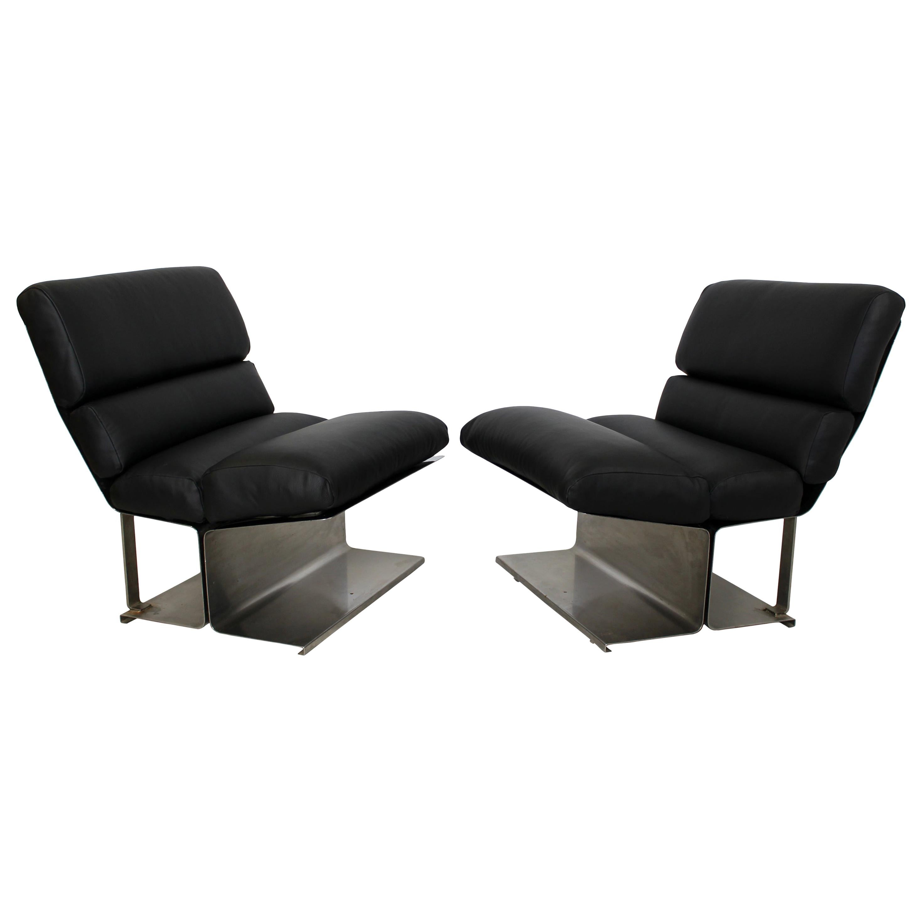 Mid-Century Modern Pair of Steel Leather Lounge Chairs Paul Geoffroy Uginox
