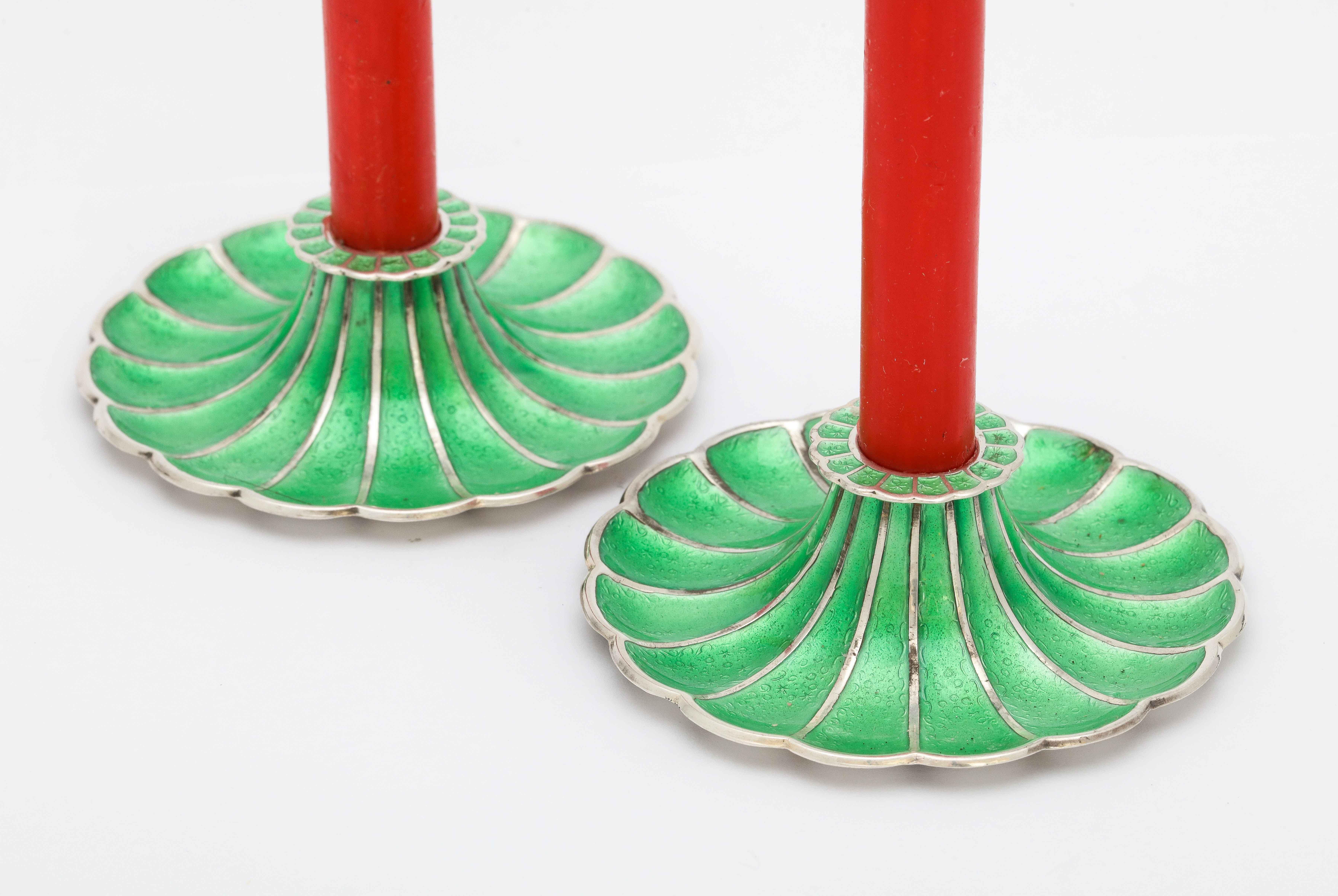 Danish Mid-Century Modern Pair of Sterling Silver and Green Enamel Candlesticks