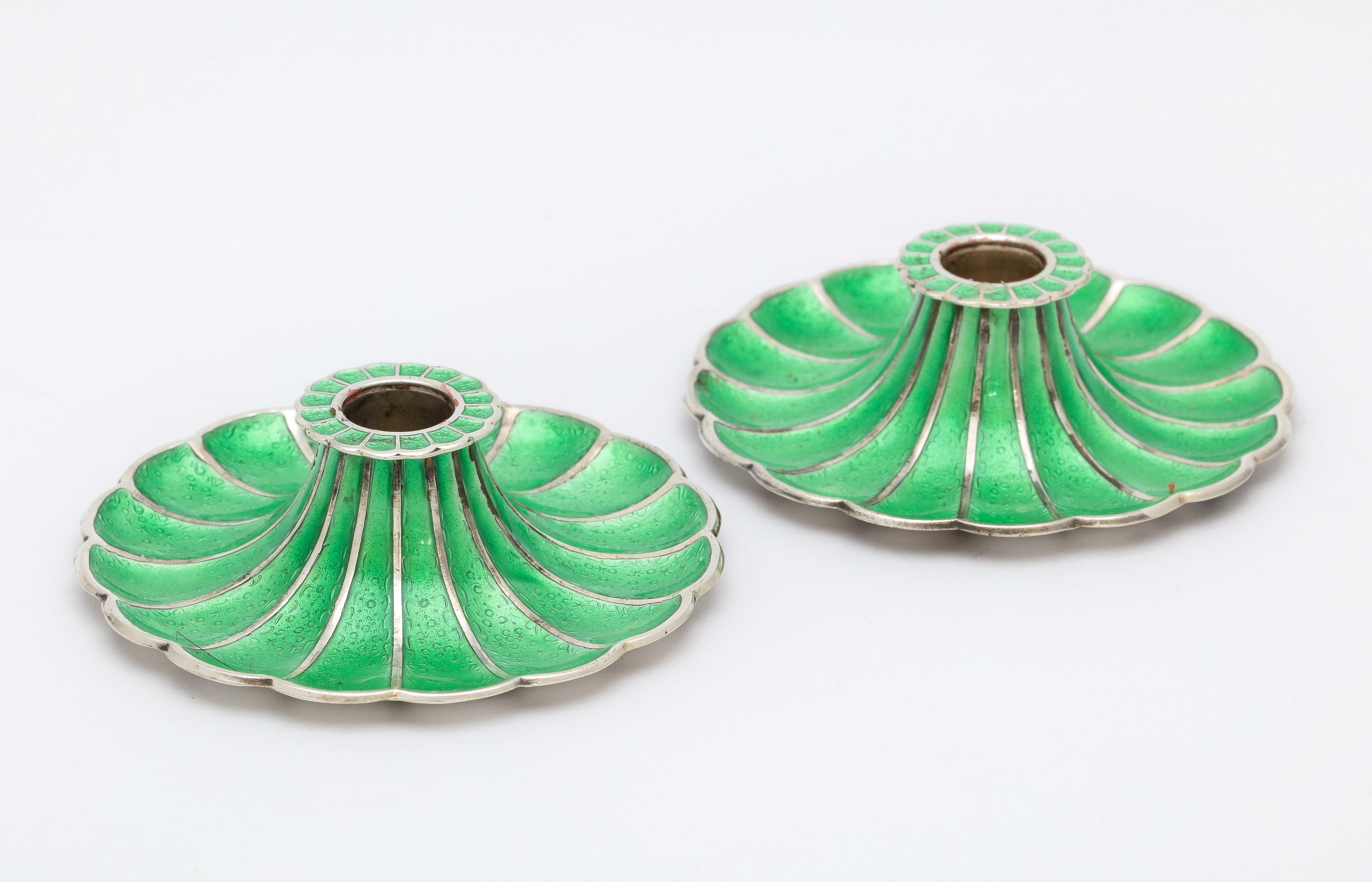 Mid-Century Modern Pair of Sterling Silver and Green Enamel Candlesticks 1