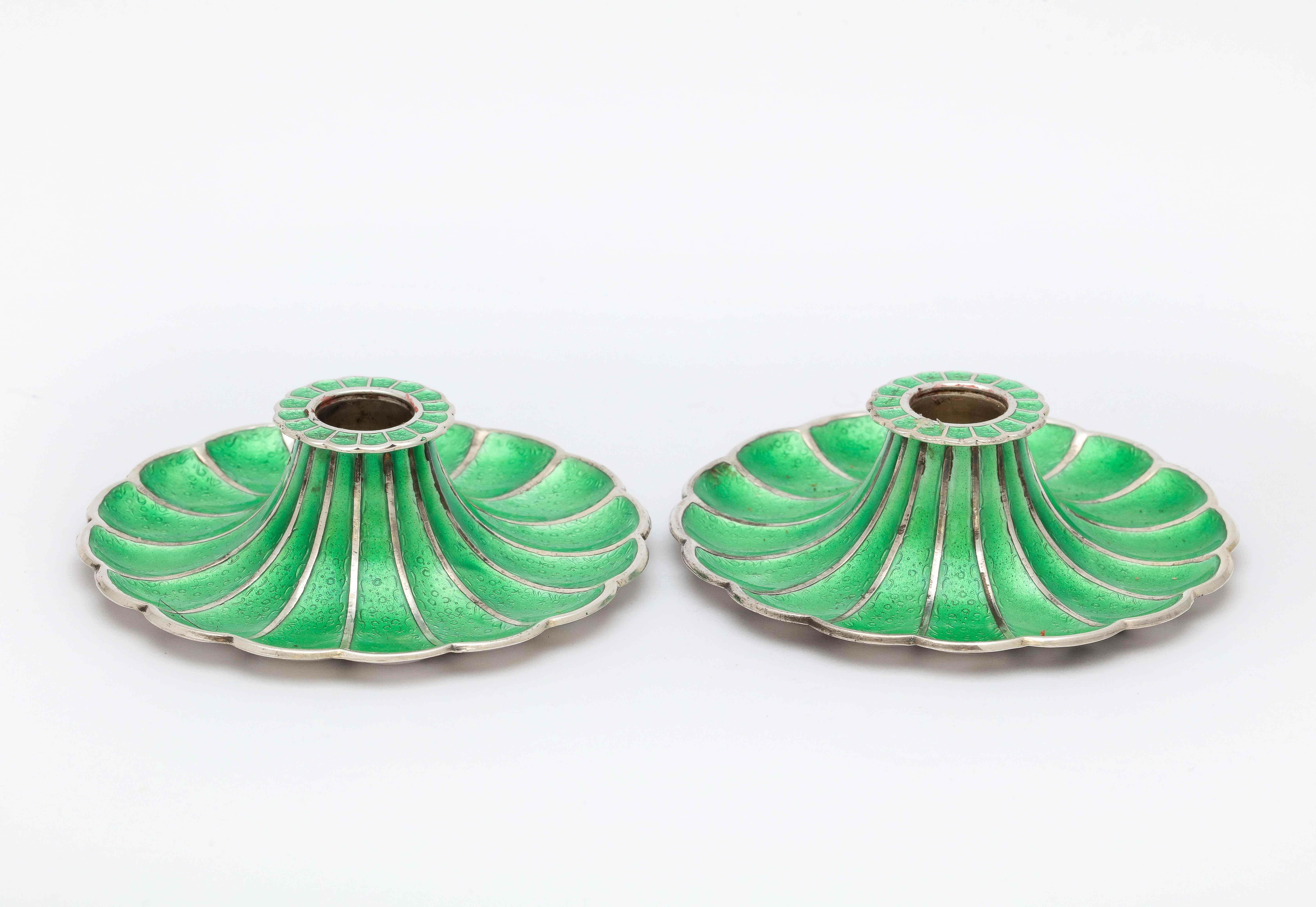 Mid-Century Modern Pair of Sterling Silver and Green Enamel Candlesticks 2