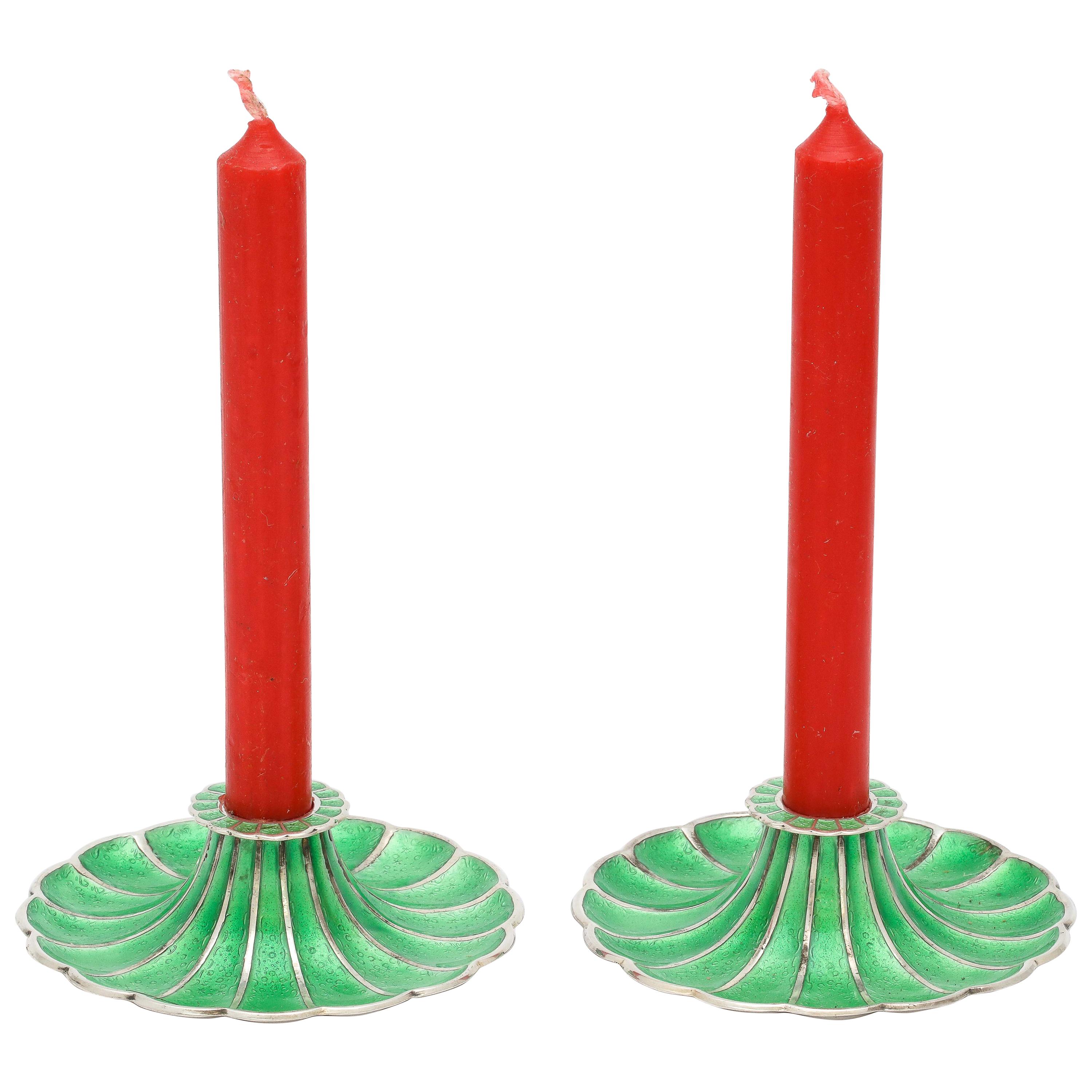 Mid-Century Modern Pair of Sterling Silver and Green Enamel Candlesticks