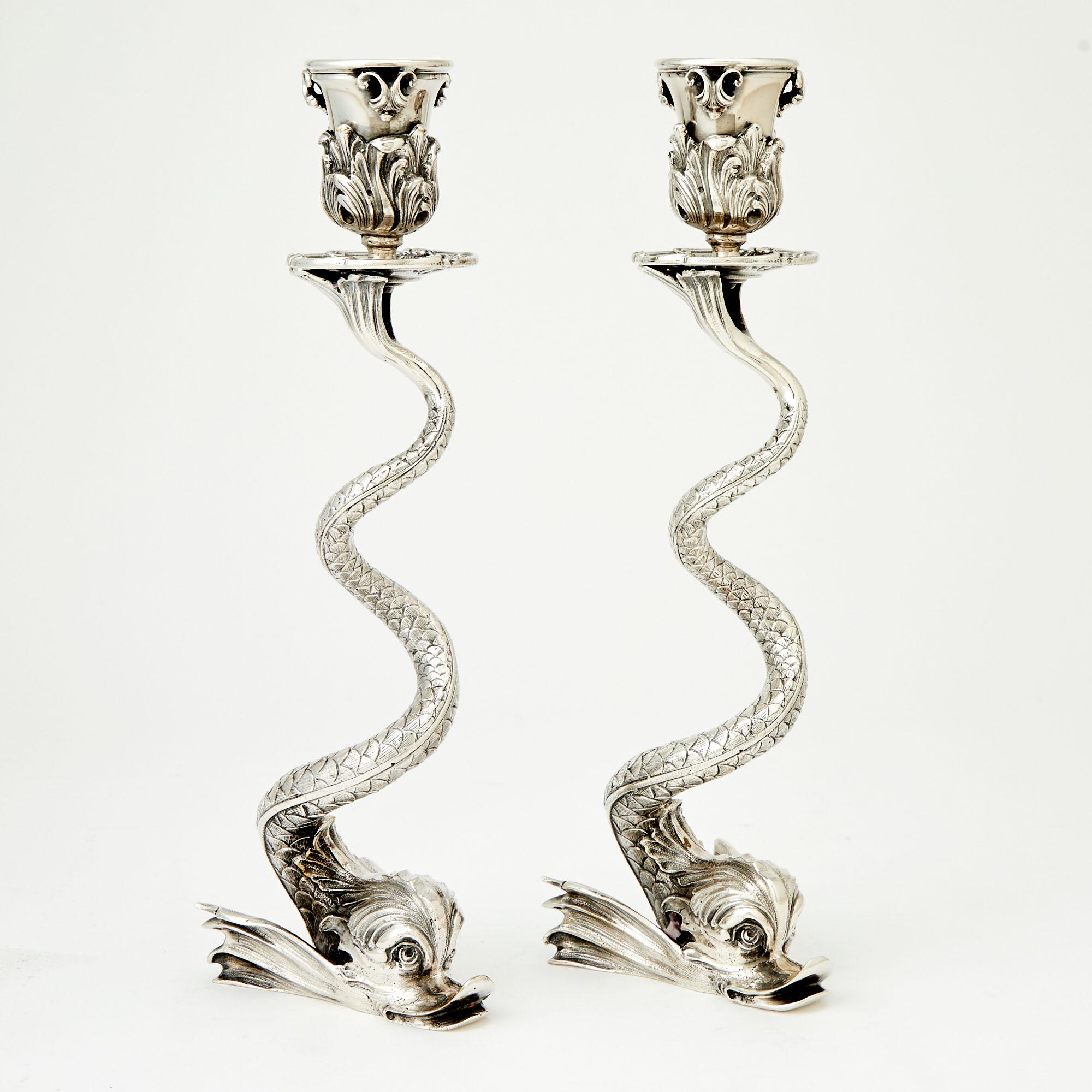 Pareja de candelabros de centro de mesa Fabergé, de plata de ley, modernos de mediados de siglo en venta 4