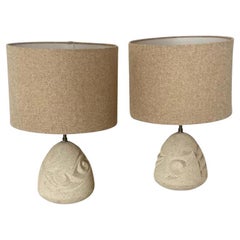 Mid-Century Modern Pair of Stone Lamps, France Mid-Century Modern Pair of Stone Lamps, France