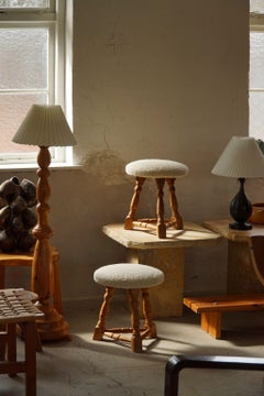 Mid-Century Modern Pair of Stools, Oak & Bouclé, Danish Cabinetmaker, 1950s