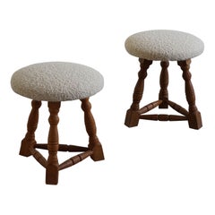 Vintage Mid-Century Modern Pair of Stools, Oak & Bouclé, Danish Cabinetmaker, 1950s